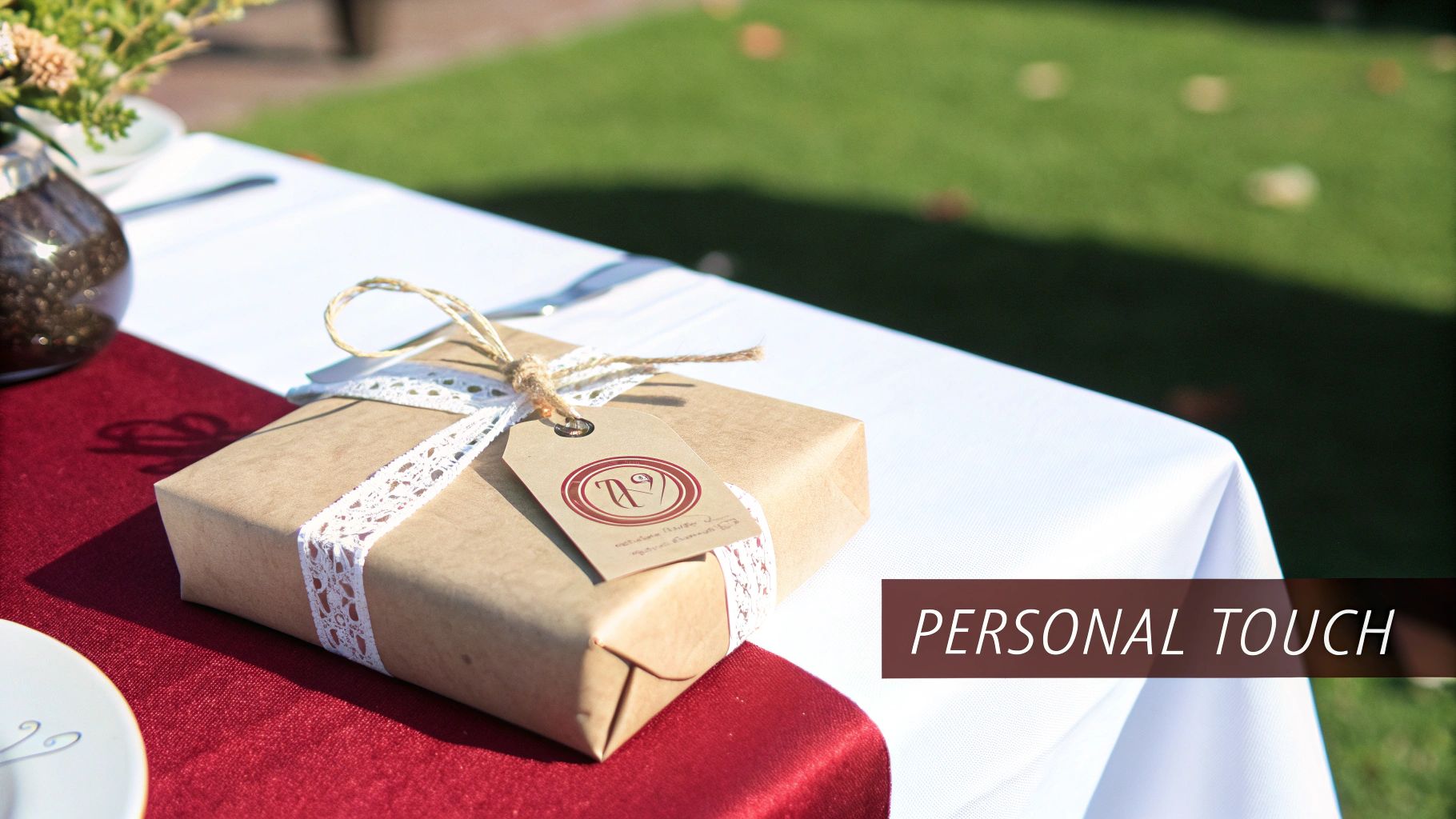 A beautifully wrapped personalized gift with a custom tag on a table at an outdoor event.