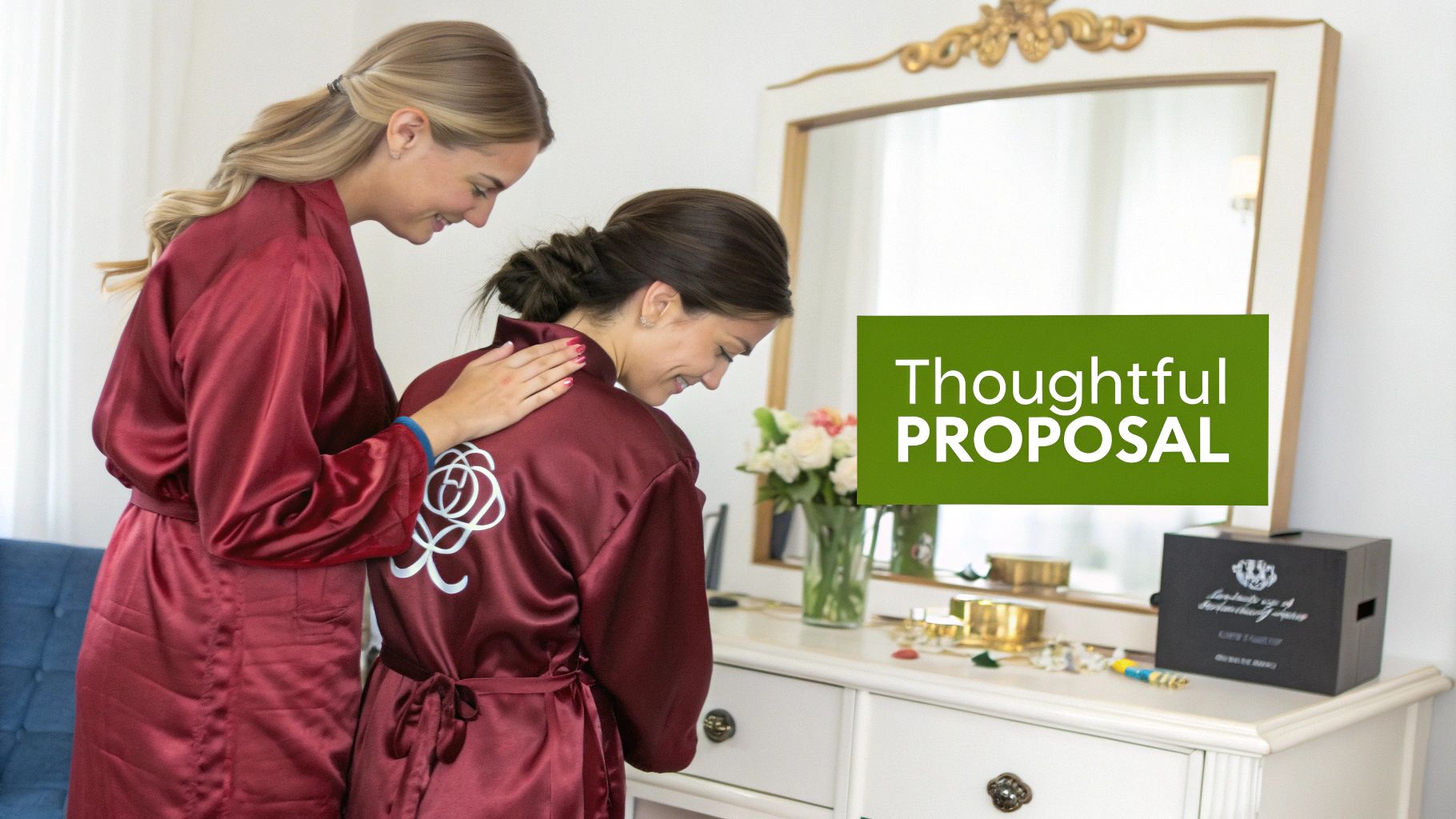 Two women in matching maroon robes, one smiling and placing a hand on the other's shoulder, in a bright room.