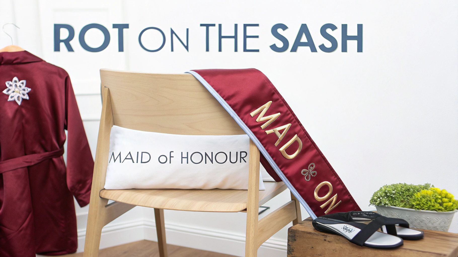 A red satin robe, a "Maid of Honour" pillow, and a "MAD ON" sash for a bridal party.