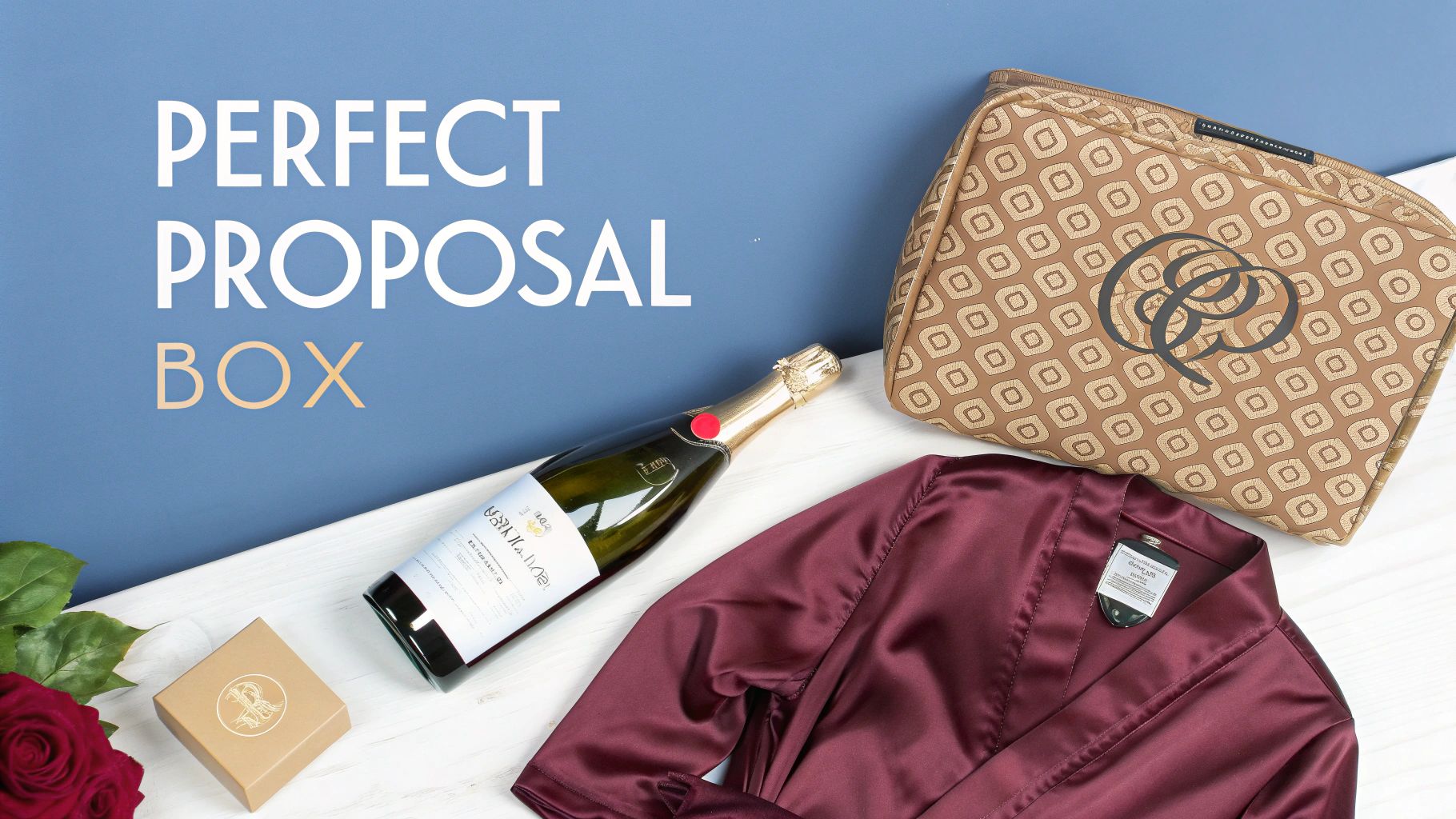 A 'Perfect Proposal Box' displayed with champagne, a silk robe, a gift box, and roses.
