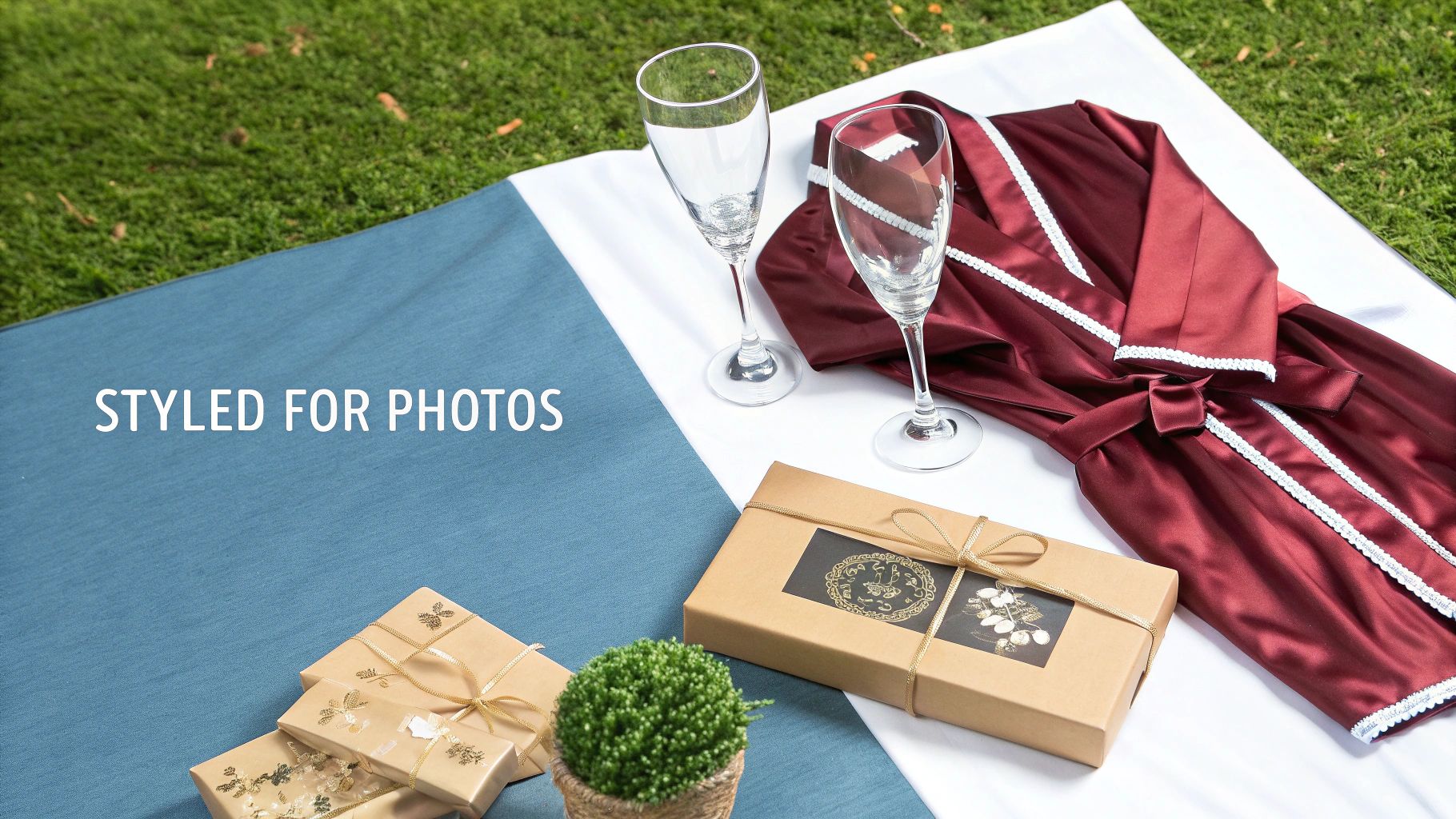 Elegant picnic setting with champagne flutes, a silk robe, gift boxes, and a small plant on a green lawn.