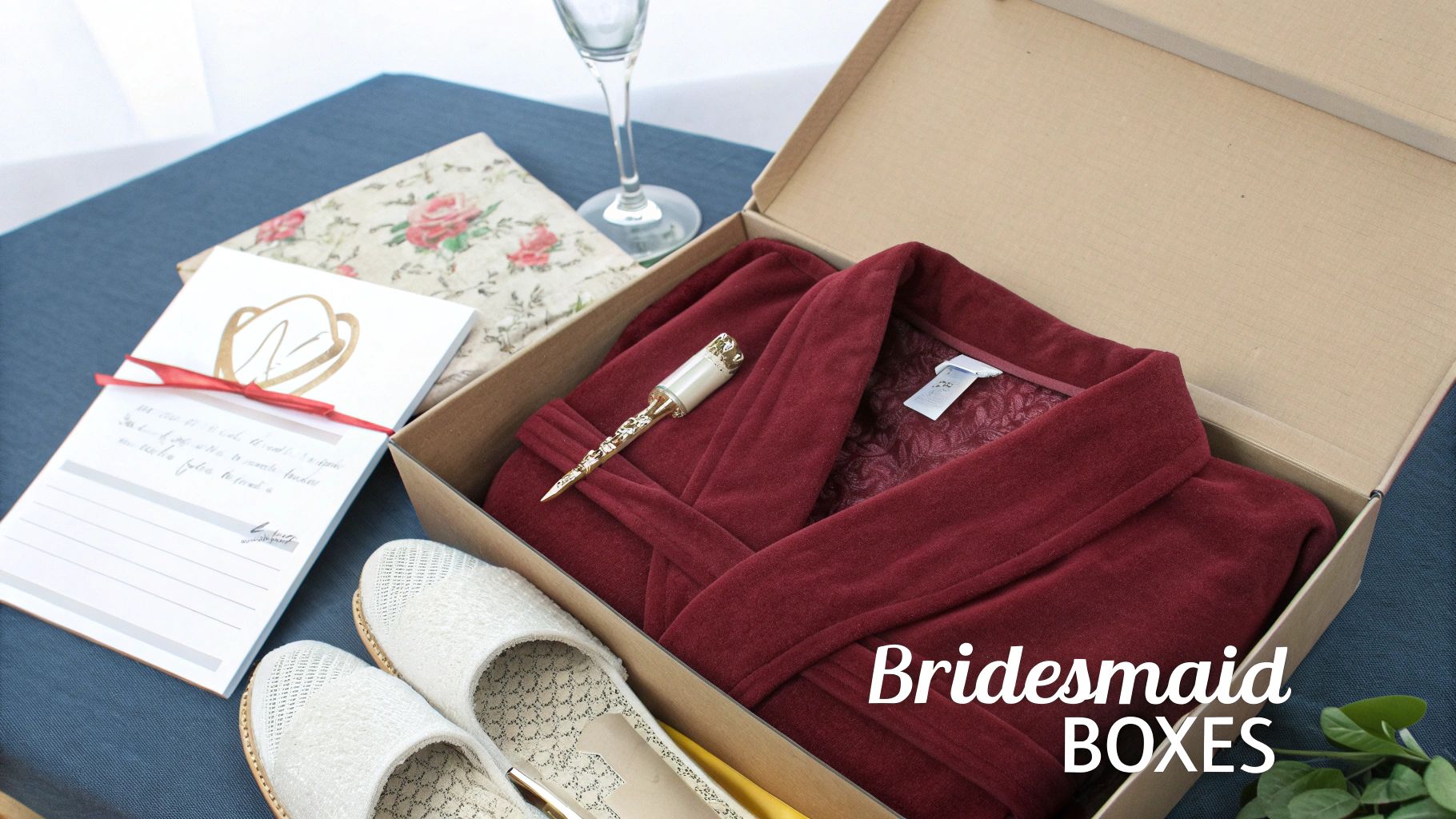 An open bridesmaid box reveals a luxurious red robe, decorative pin, and white slippers, with a notepad and champagne glass nearby.