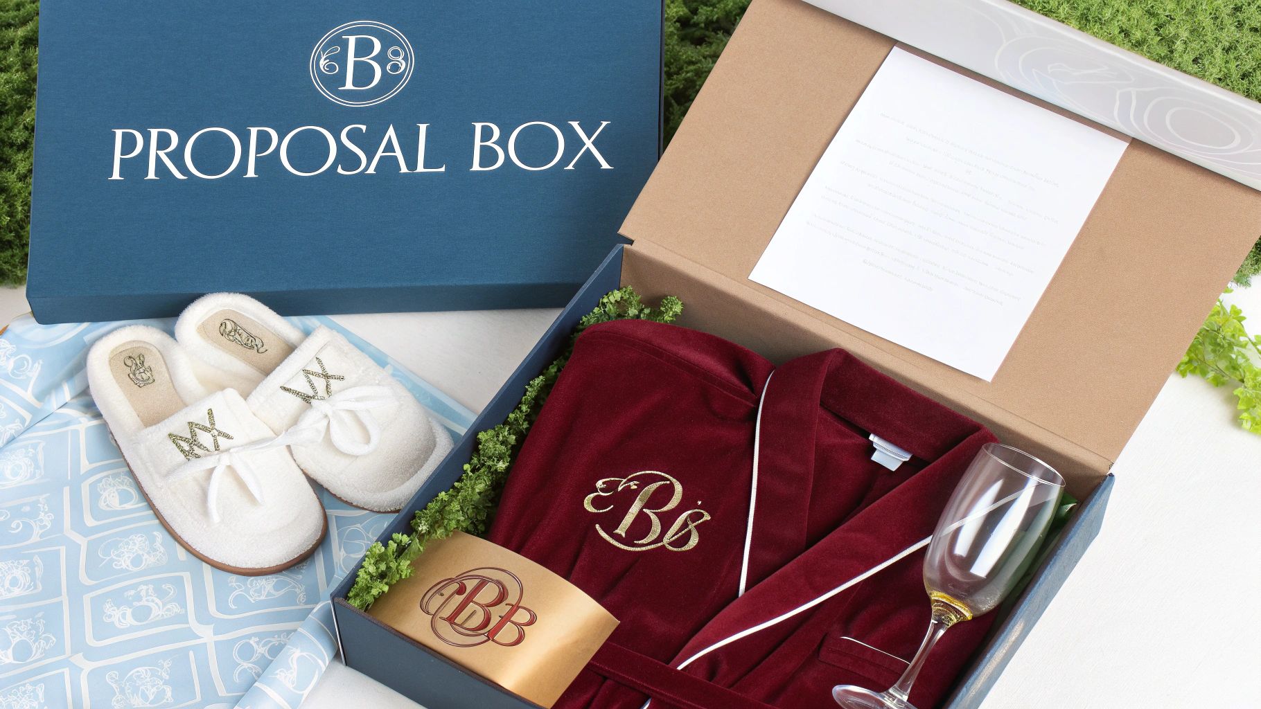 An open blue proposal box revealing a personalized red robe, slippers, and a wine glass.