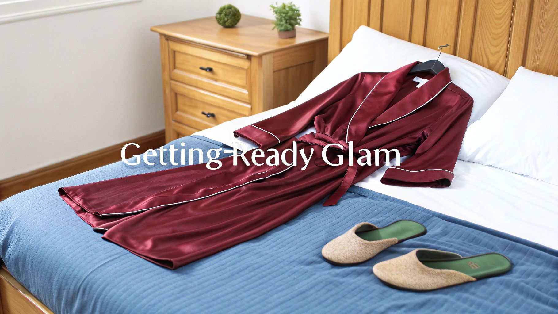 A luxurious red silk robe with white piping and cozy beige slippers resting on a bed with a blue blanket.