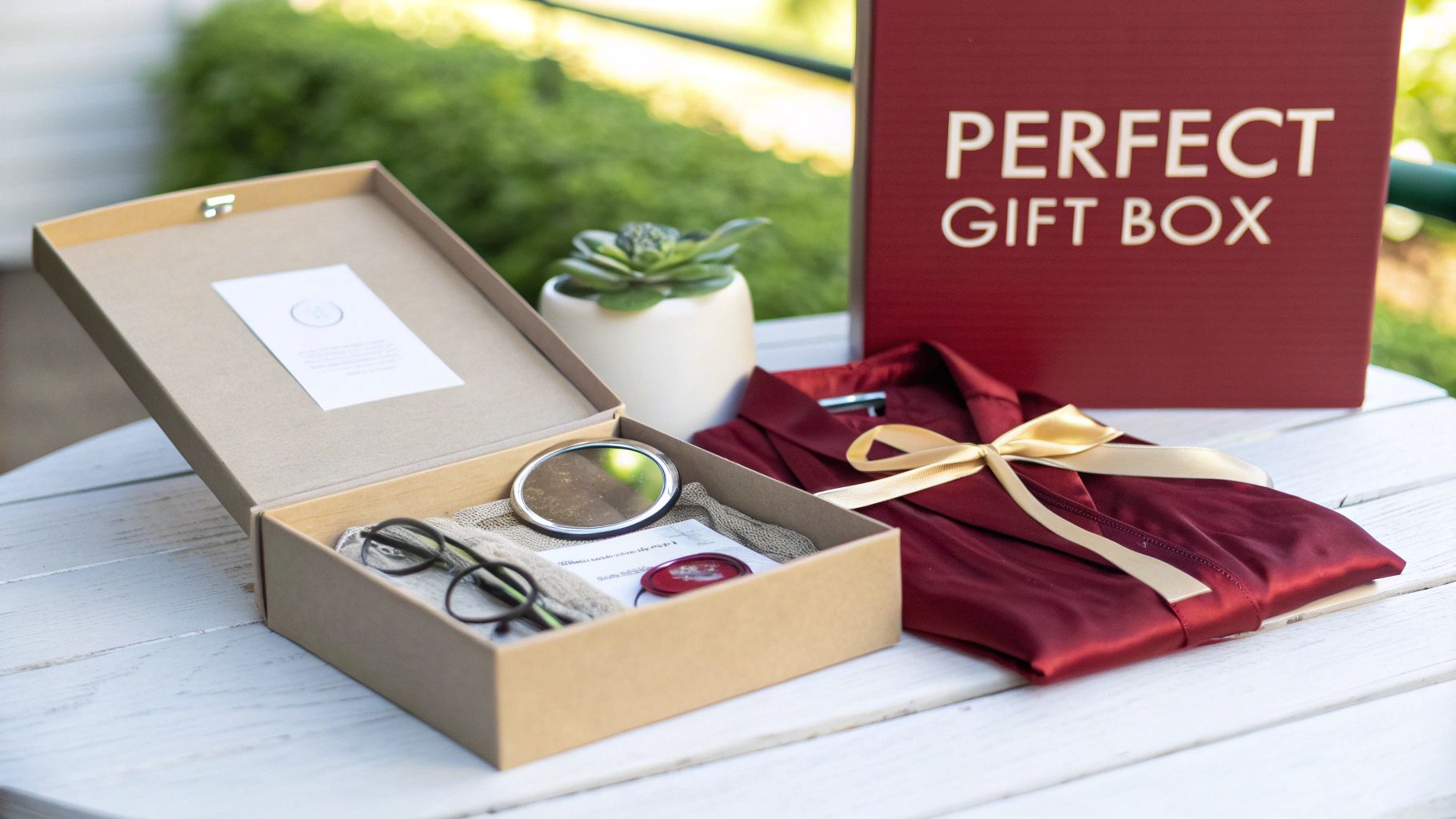 An elegant gift box open with a mirror and glasses, next to a folded red robe.