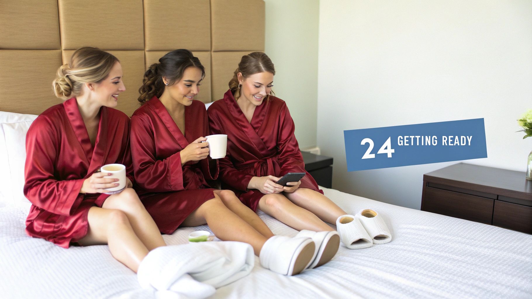 Three smiling women in red robes relax on a bed, holding mugs and a phone, preparing for an event.