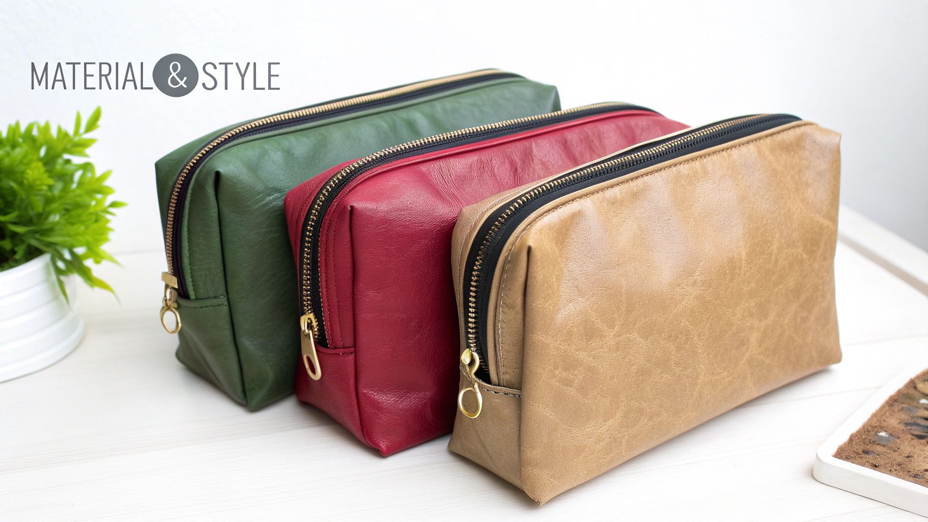 Three stylish rectangular pouches in green, red, and tan with gold zippers, displayed on a white surface.