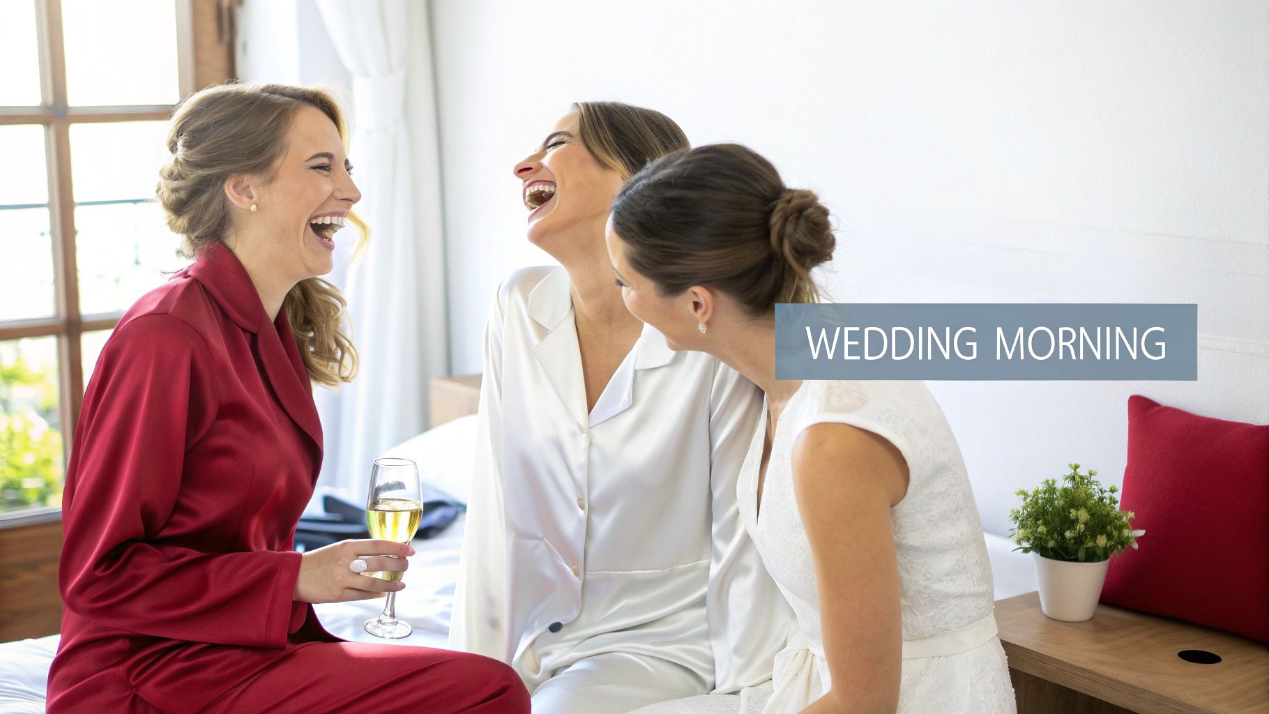 Happy women in pajamas and a dress laugh together during a joyful wedding morning celebration.