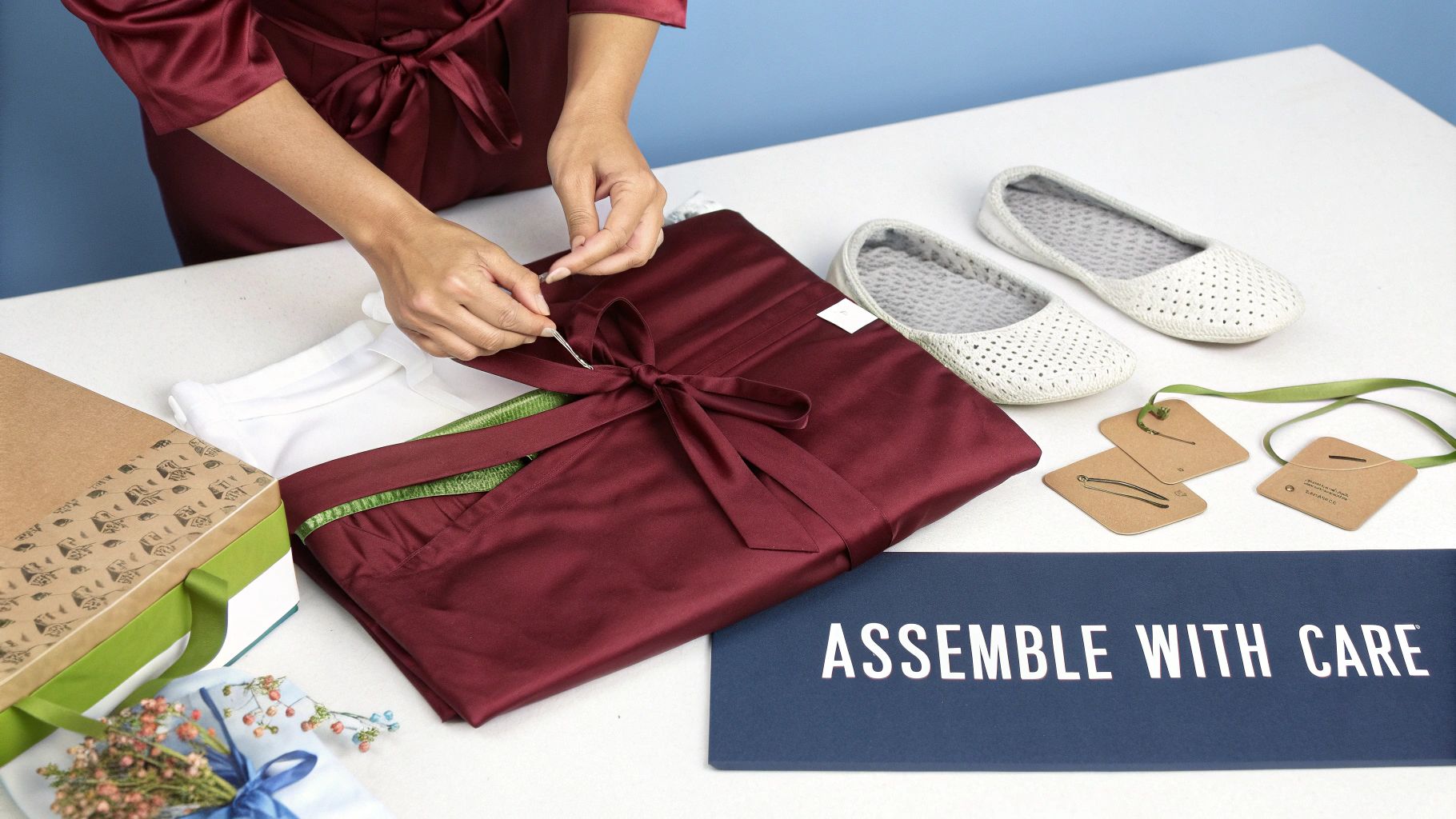 A person tying a maroon ribbon on a folded garment, surrounded by slippers, gift boxes, and tags, assembling a gift.