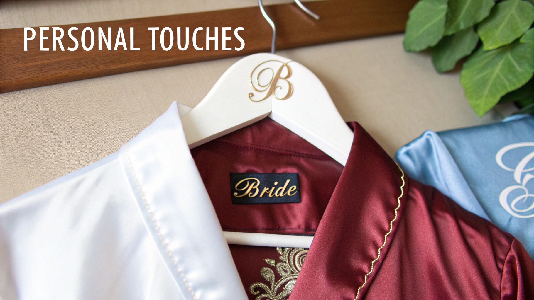 Personalized robes for a bridal party, including a white, burgundy "Bride" robe, and an initialed hanger.