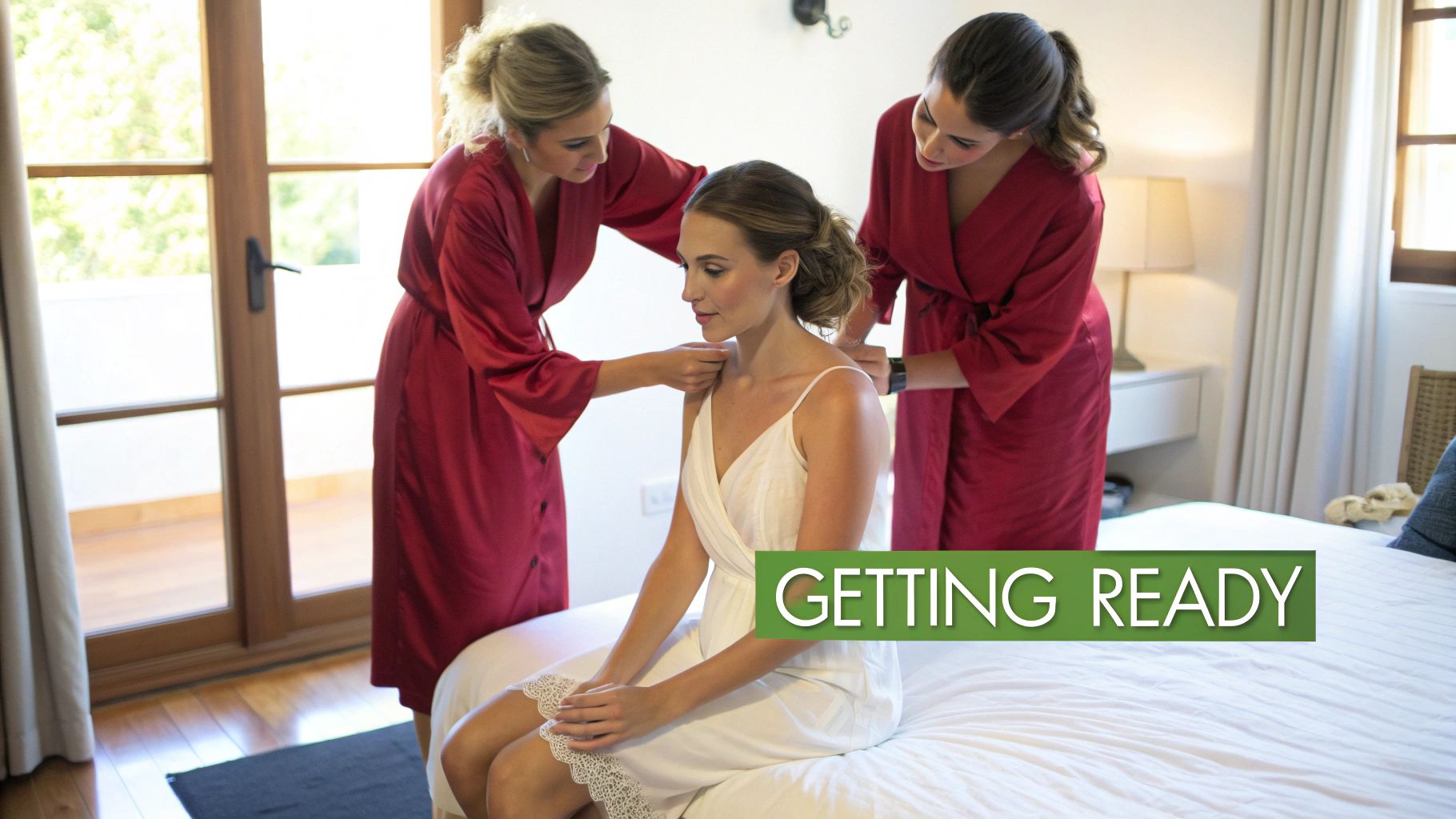 Two bridesmaids assist a bride wearing a white slip dress, getting ready for her wedding day.