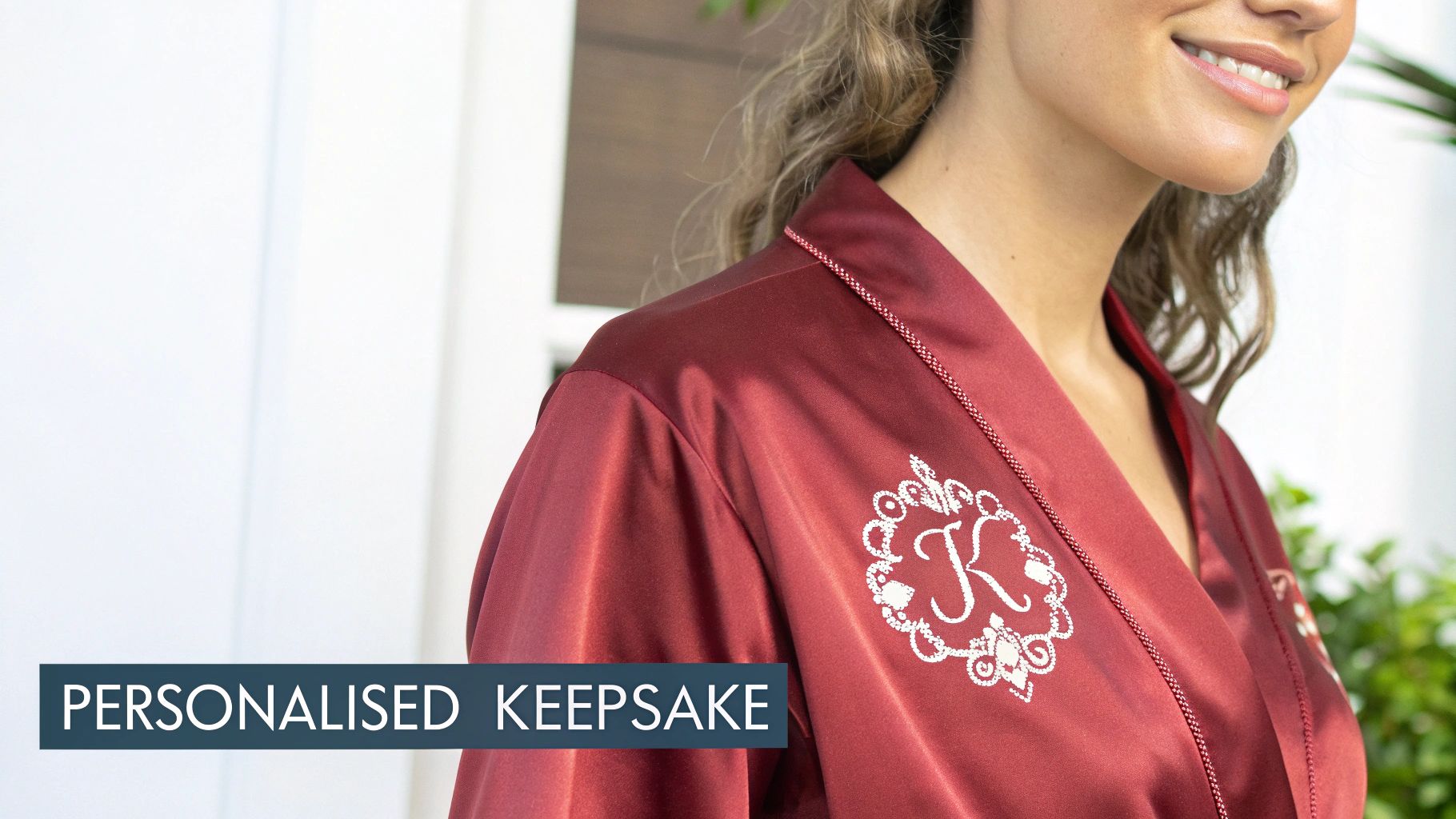 Close-up of a smiling woman wearing a personalized burgundy satin robe with 'K' embroidery.