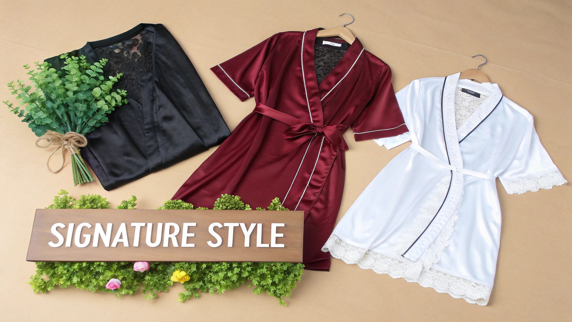Three elegant satin robes in black, maroon, and white with lace details, displayed with greenery and a 'Signature Style' sign.