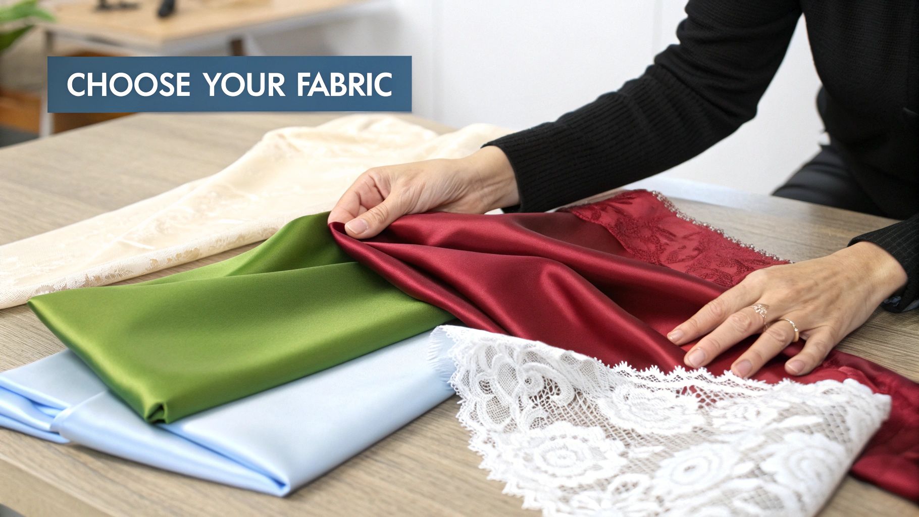 Close-up of a person's hands touching and selecting various fabrics like satin and lace on a table.