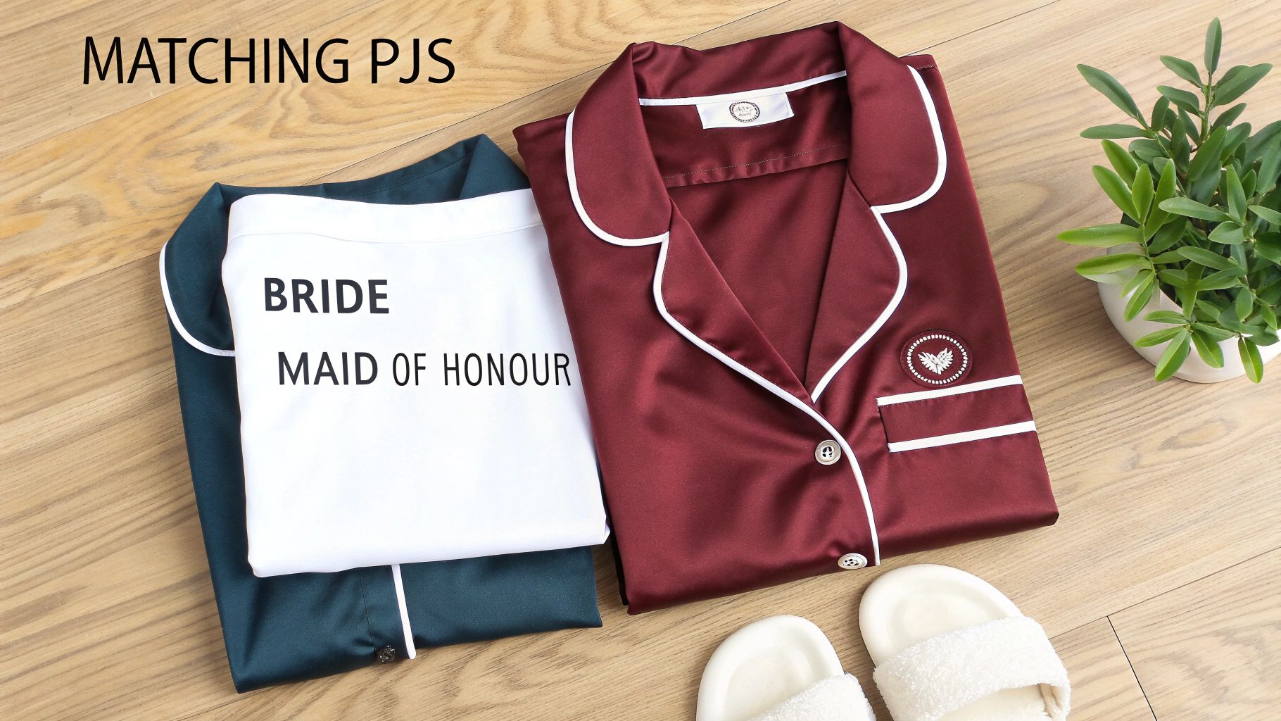 Two sets of silk pajamas, one teal with 'BRIDE MAID OF HONOUR' tee, one burgundy, with slippers.