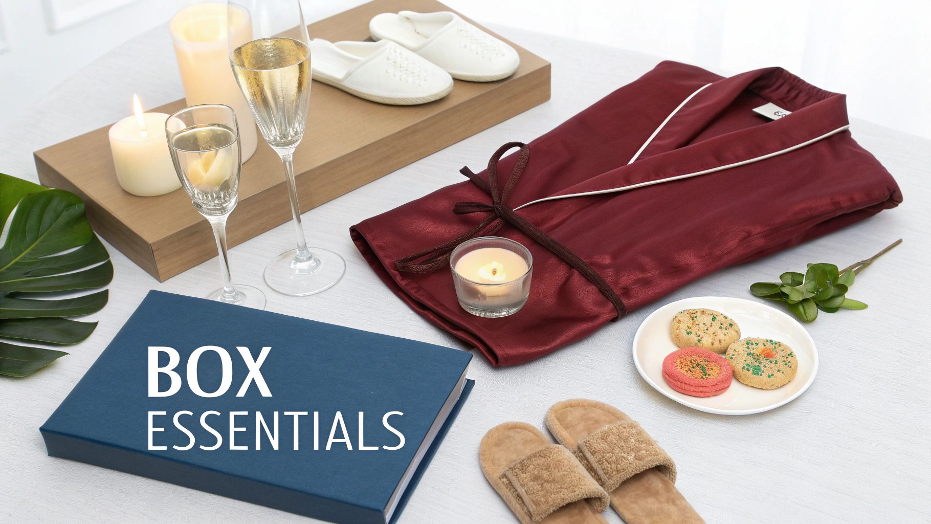 A luxurious self-care gift box with a red robe, slippers, champagne, candles, and cookies.