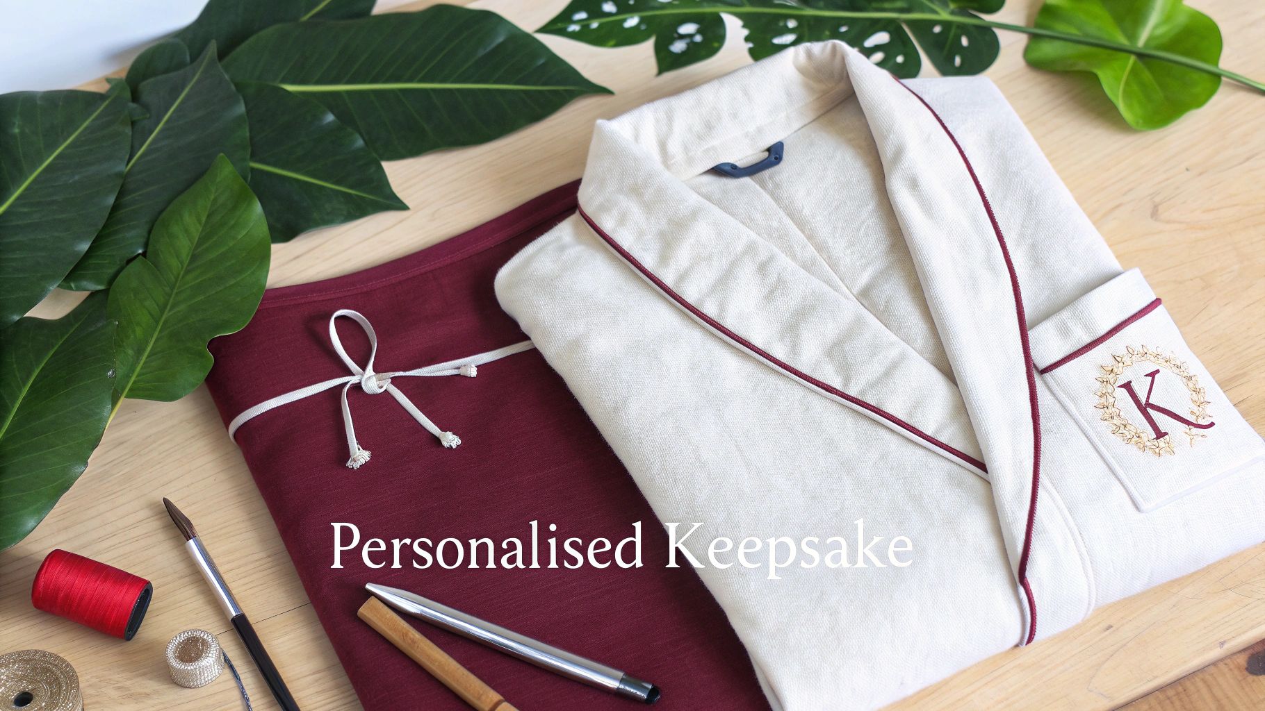 A white linen dressing gown with a monogrammed K and a red garment are displayed with craft items.