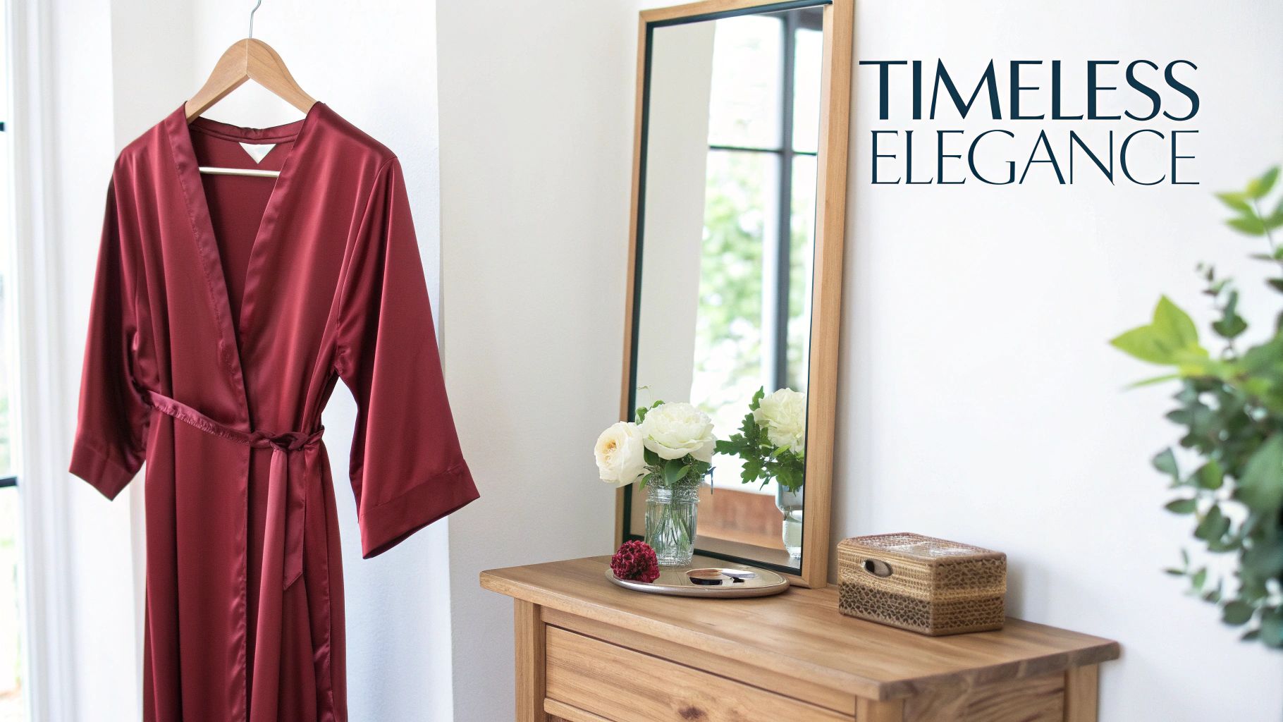 A luxurious dark red satin dressing gown hangs on a wooden hanger in a bright elegant room with a mirror.