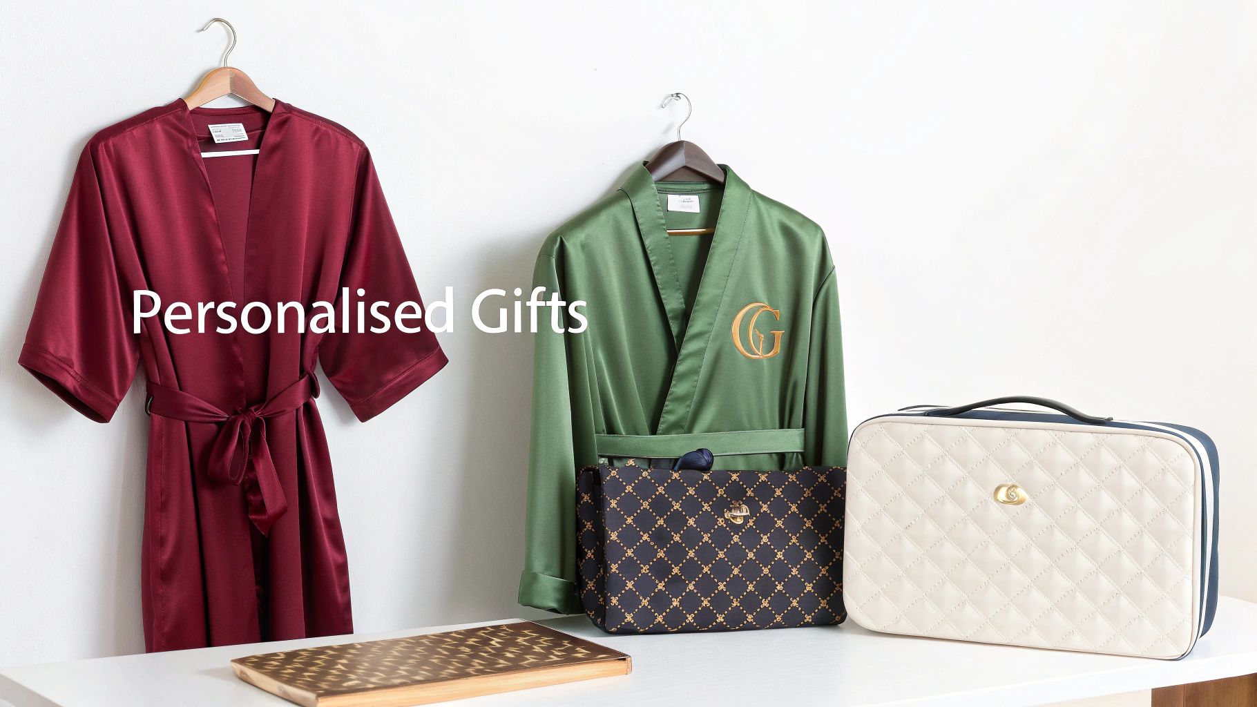 A luxurious collection of personalised gifts, including silk bathrobes, an embroidered robe, and two stylish travel bags.
