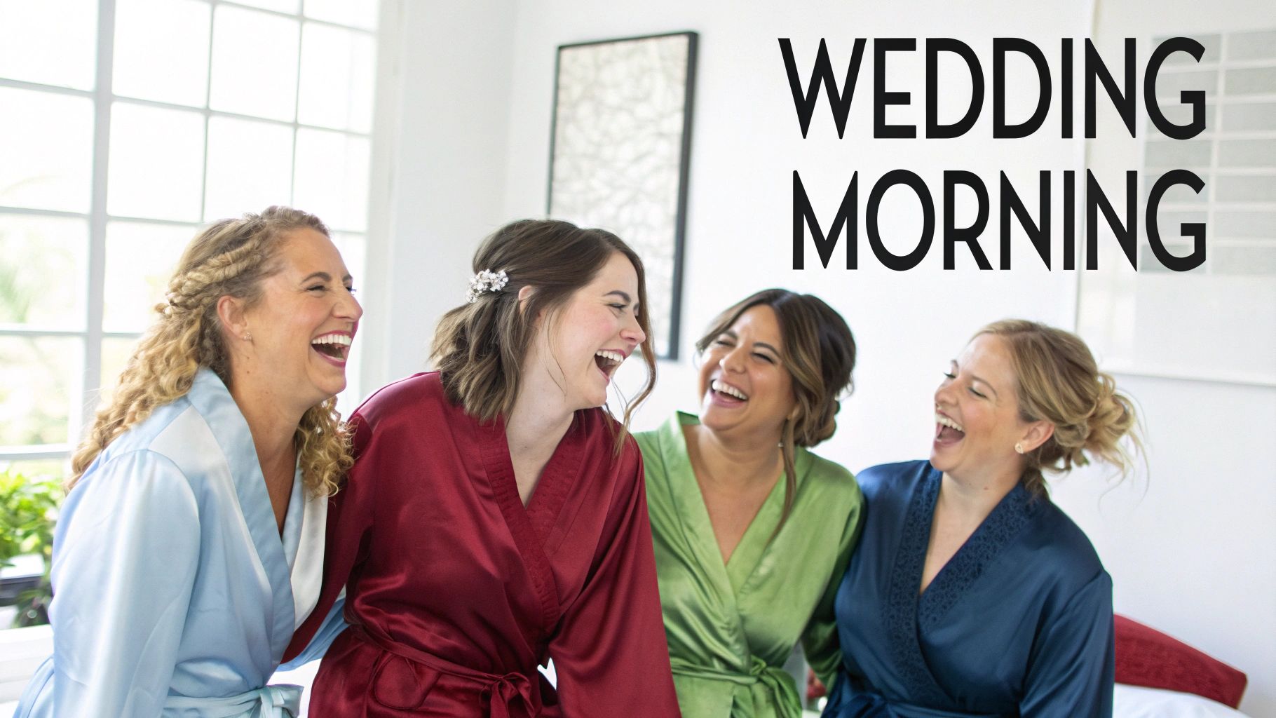 Four joyful bridesmaids in colorful satin robes laughing together on a wedding morning.