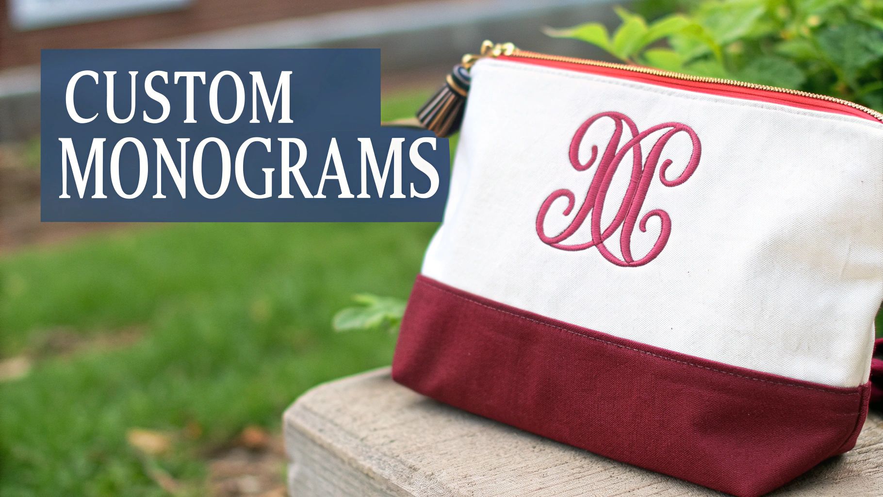 A custom monogrammed white and burgundy makeup bag with a decorative 'DD' embroidery and red zipper, featuring 'CUSTOM MONOGRAMS' text.
