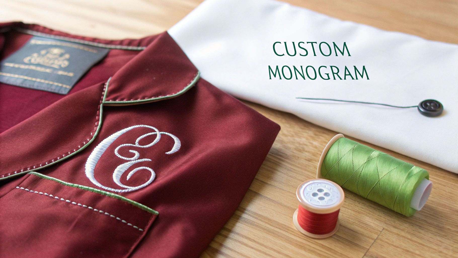 Burgundy satin pajamas with custom white C monogram and green trim, beside sewing thread and button.