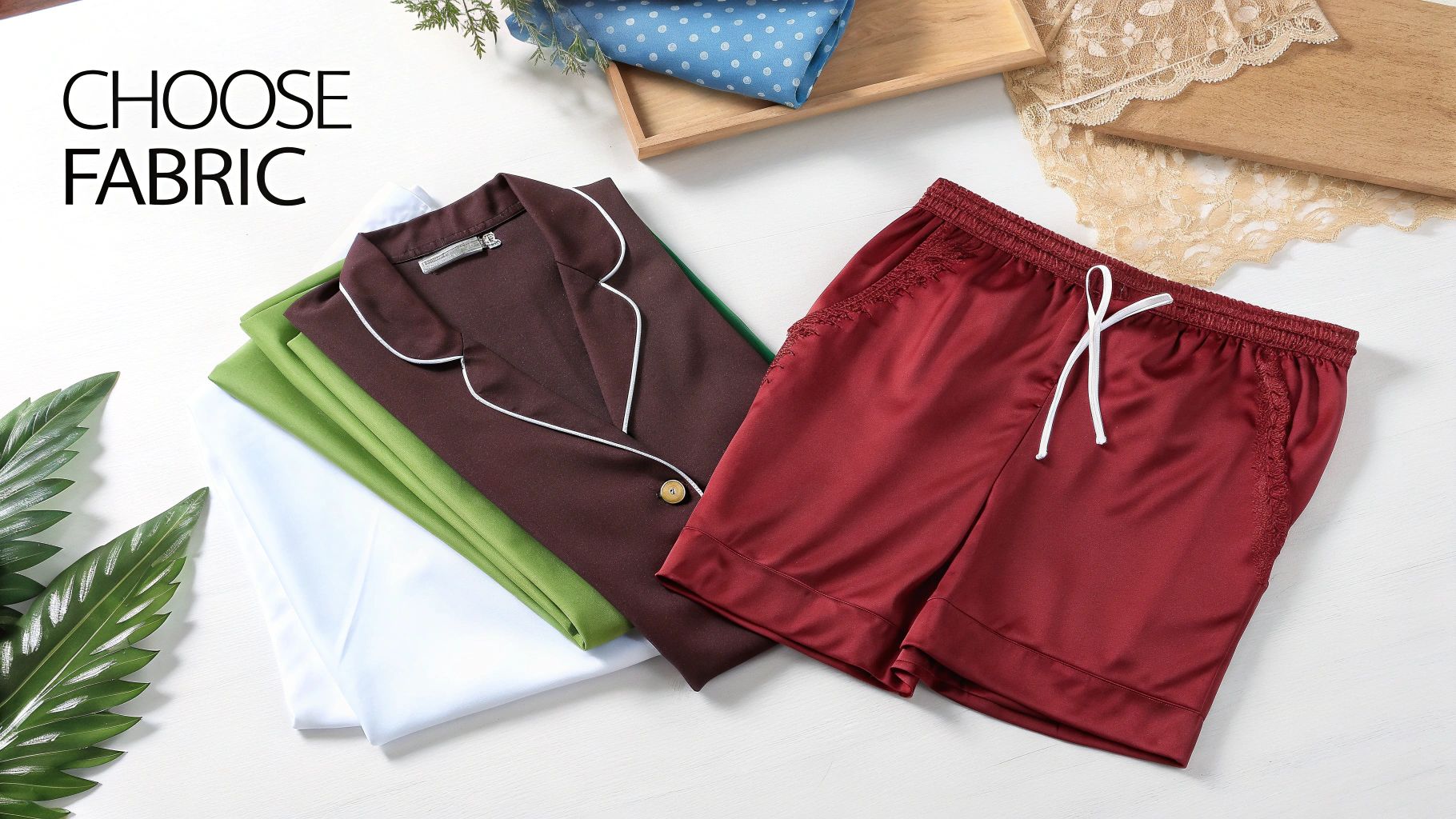 Overhead view of white, green, and brown fabrics, with a burgundy pajama top and shorts. Text: 'CHOOSE FABRIC'.