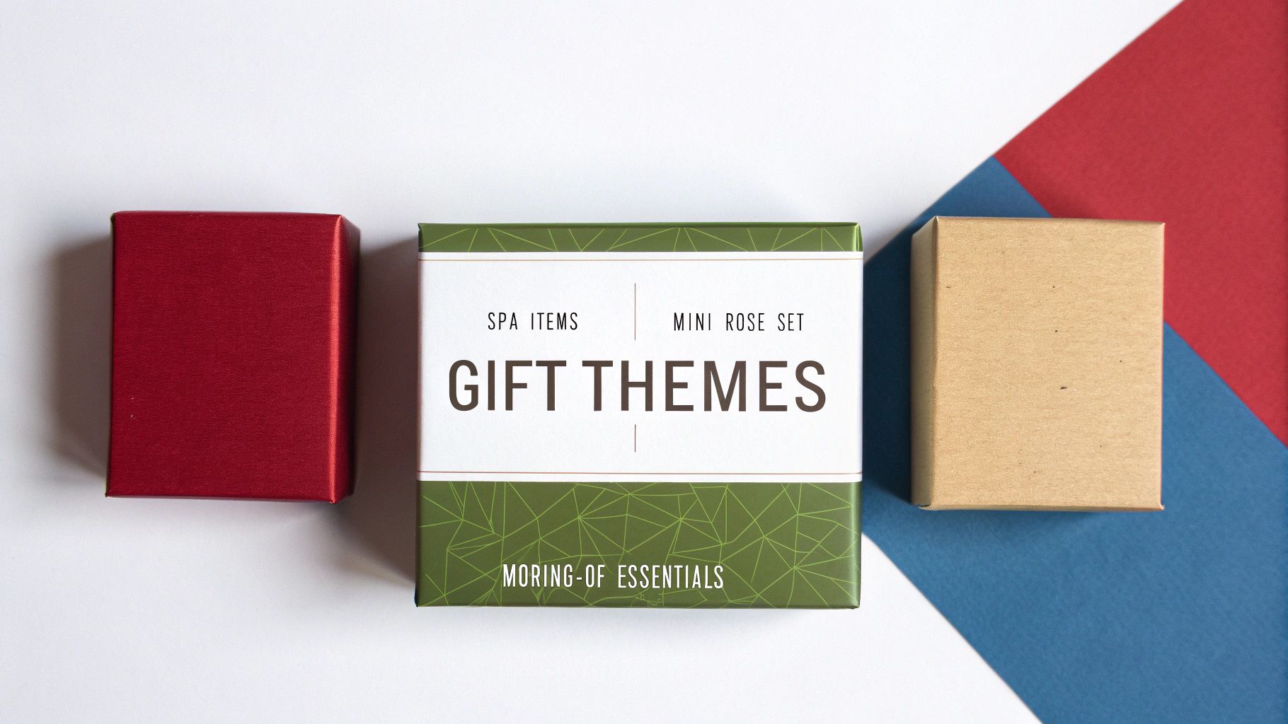 Three gift boxes, red, green, and brown, featuring 'Gift Themes' for spa items and mini rose sets.