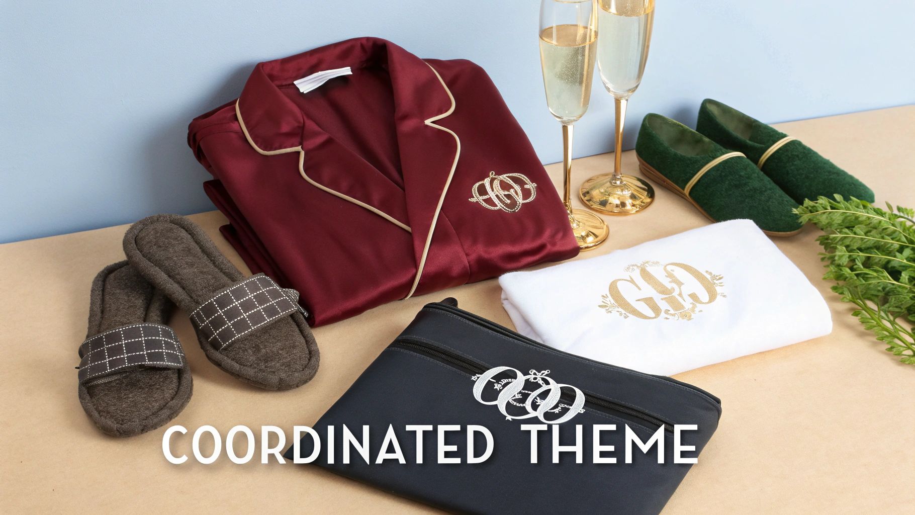 A collection of coordinated hens party gifts including pajamas, slippers, shoes, champagne, and a pouch.