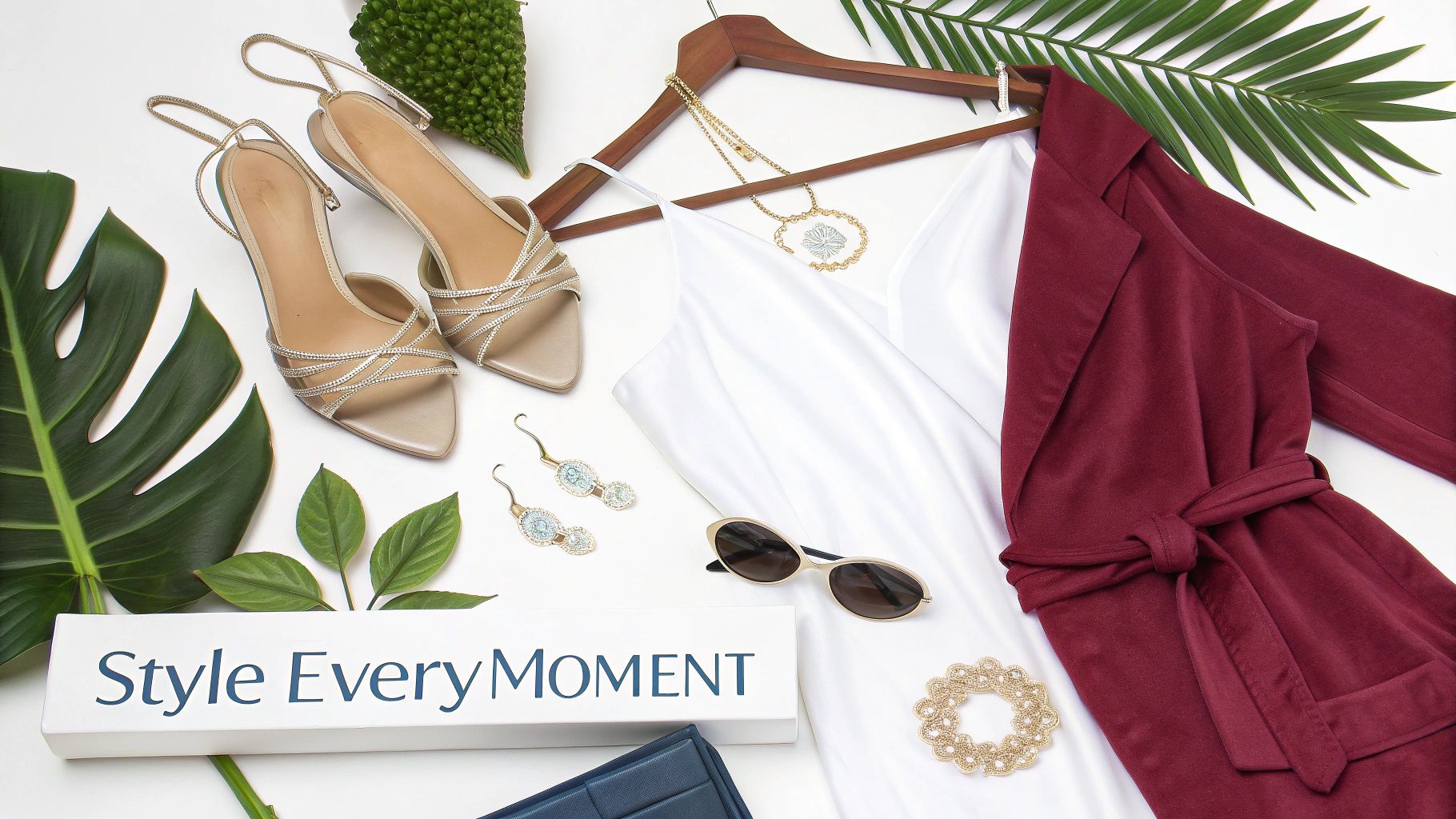 Elegant women's fashion flat lay with a white slip dress, maroon robe, gold sandals, and accessories.