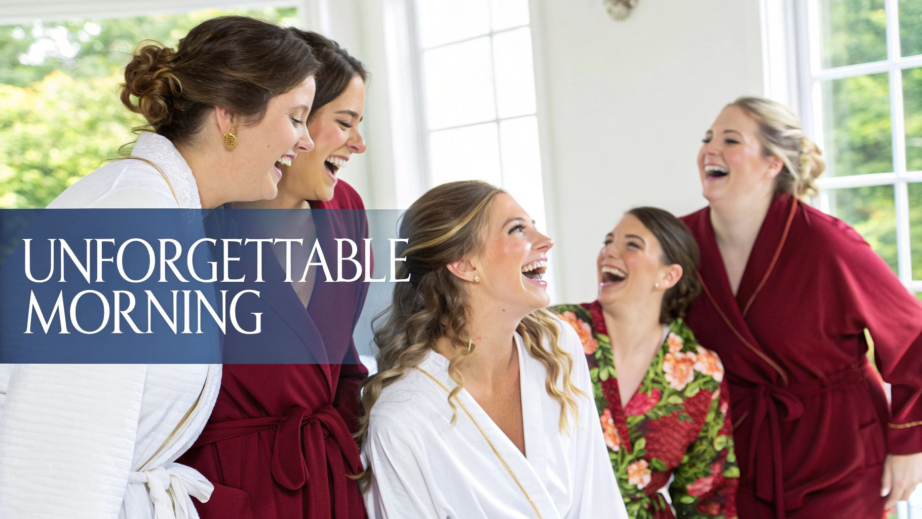 A group of happy women, likely a bridal party, laughing together while wearing robes.