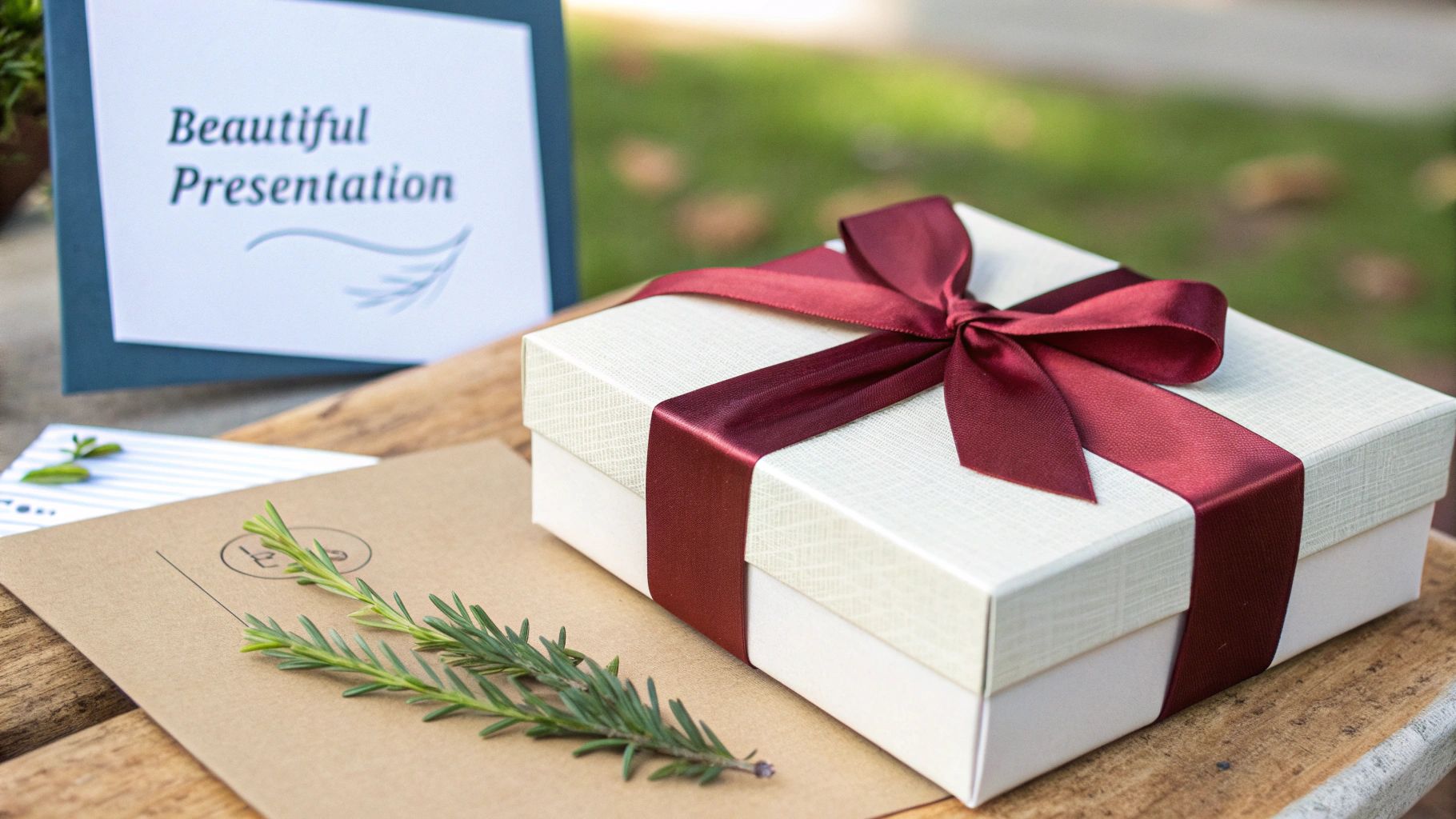 A white gift box with a deep red ribbon and bow on a wooden surface, next to a 'Beautiful Presentation' card and rosemary.