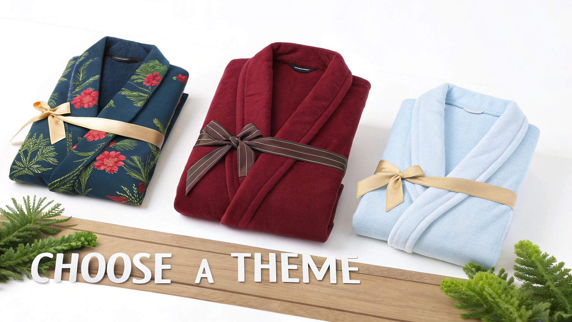 Three gift-wrapped bathrobes in floral, maroon, and light blue on a white background. Choose a theme.