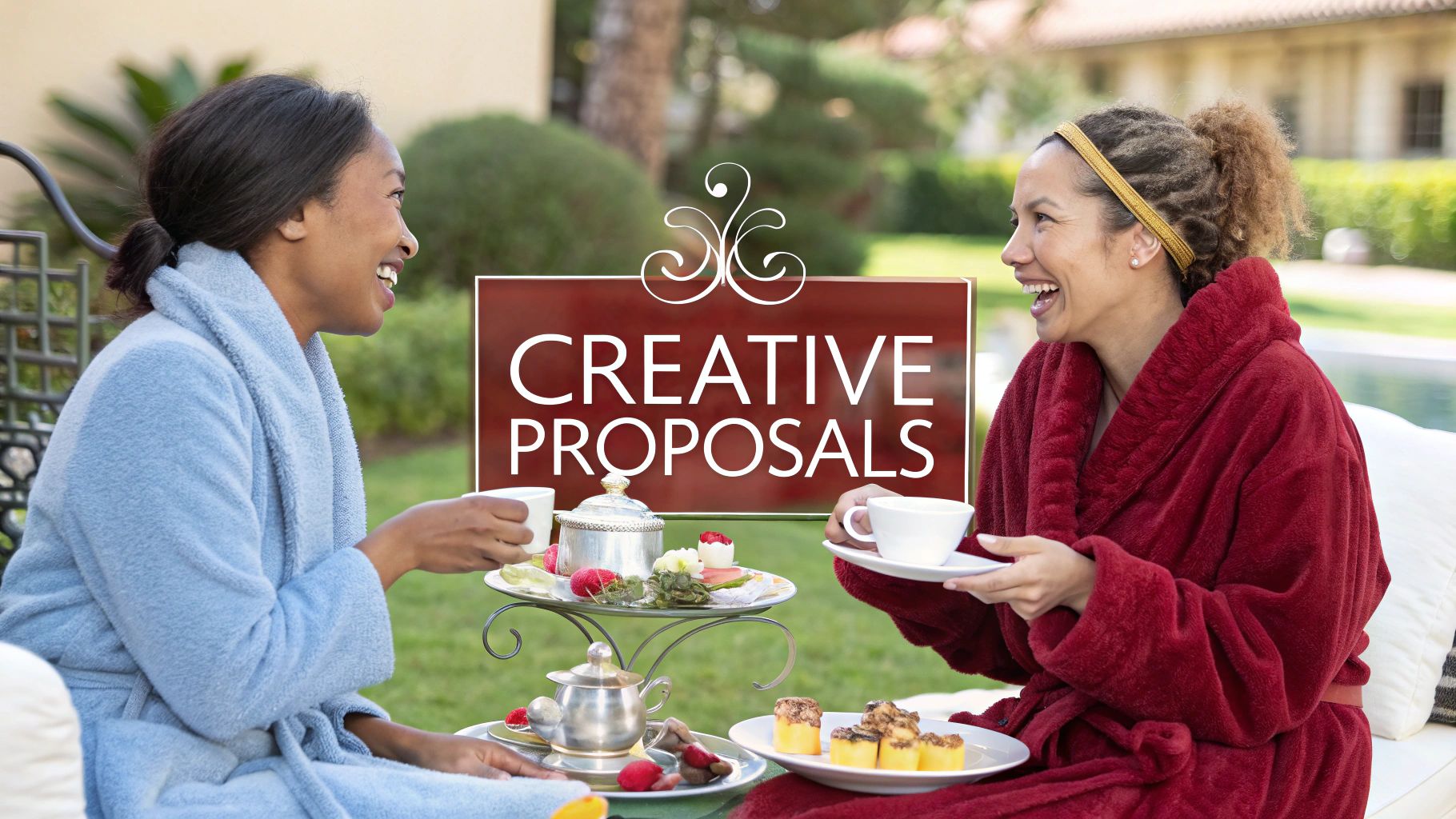 Two women in robes laugh during an outdoor spa day with snacks and a 'Creative Proposals' sign.