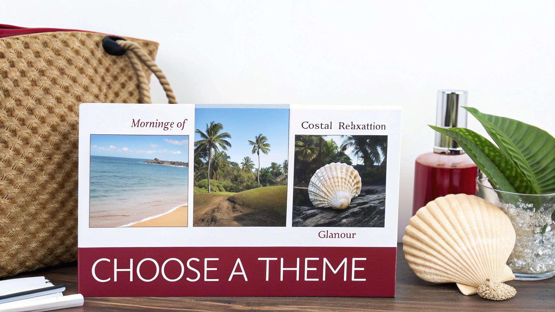 A 'CHOOSE A THEME' card with beach, palm trees, and seashell images, surrounded by vacation items.