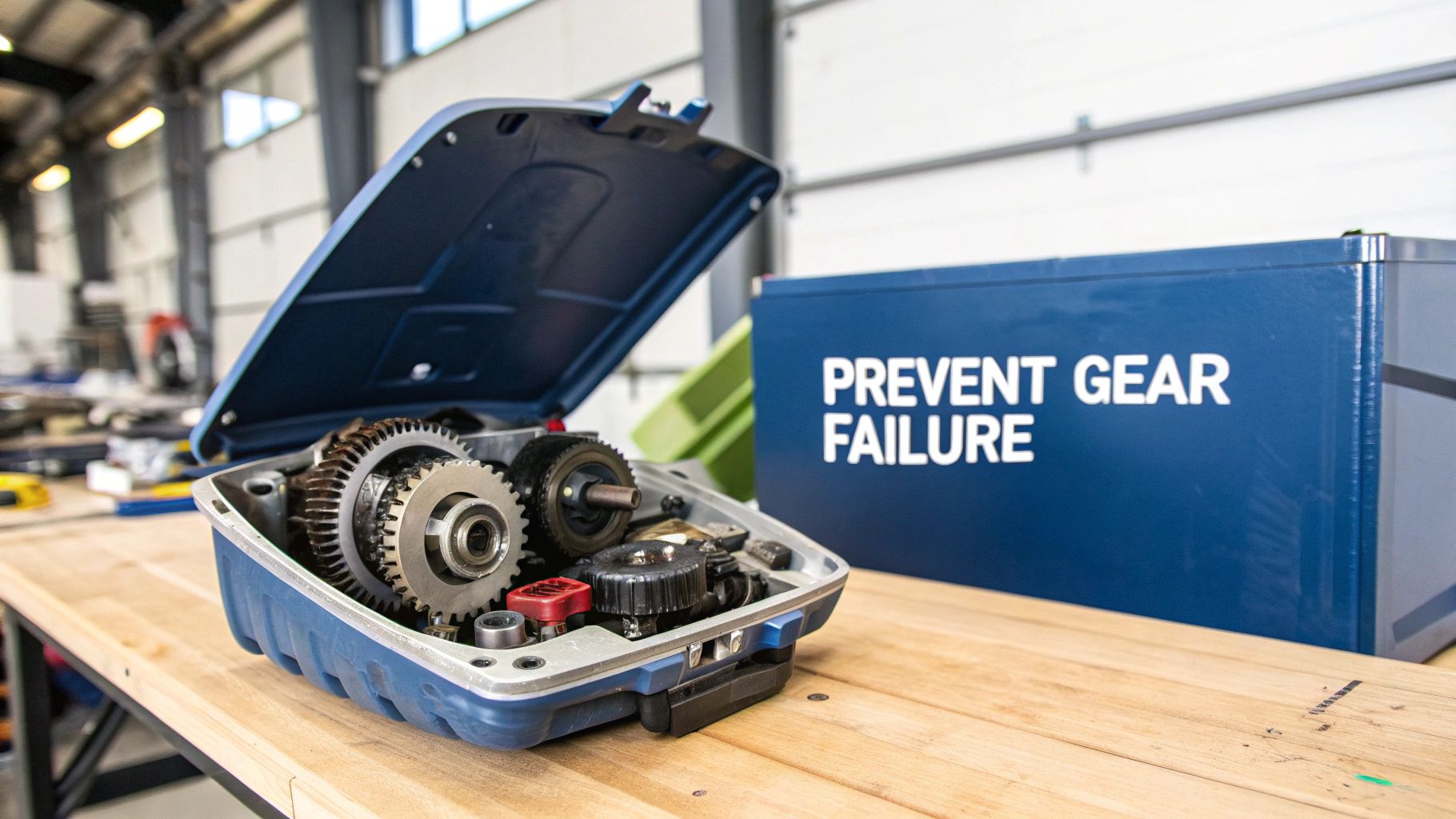 An open blue mechanical casing with exposed gears sits on a workbench, alongside a sign promoting 'PREVENT GEAR FAILURE'.