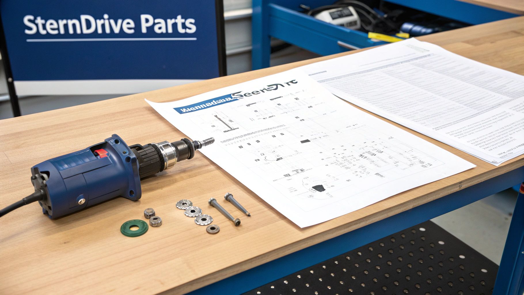 A workbench with a blue power tool, assorted metal parts, and technical diagrams on a wooden surface.