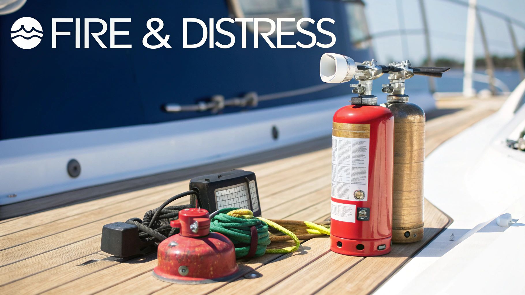 Essential boat safety gear, including fire extinguishers and ropes, displayed on a wooden deck.