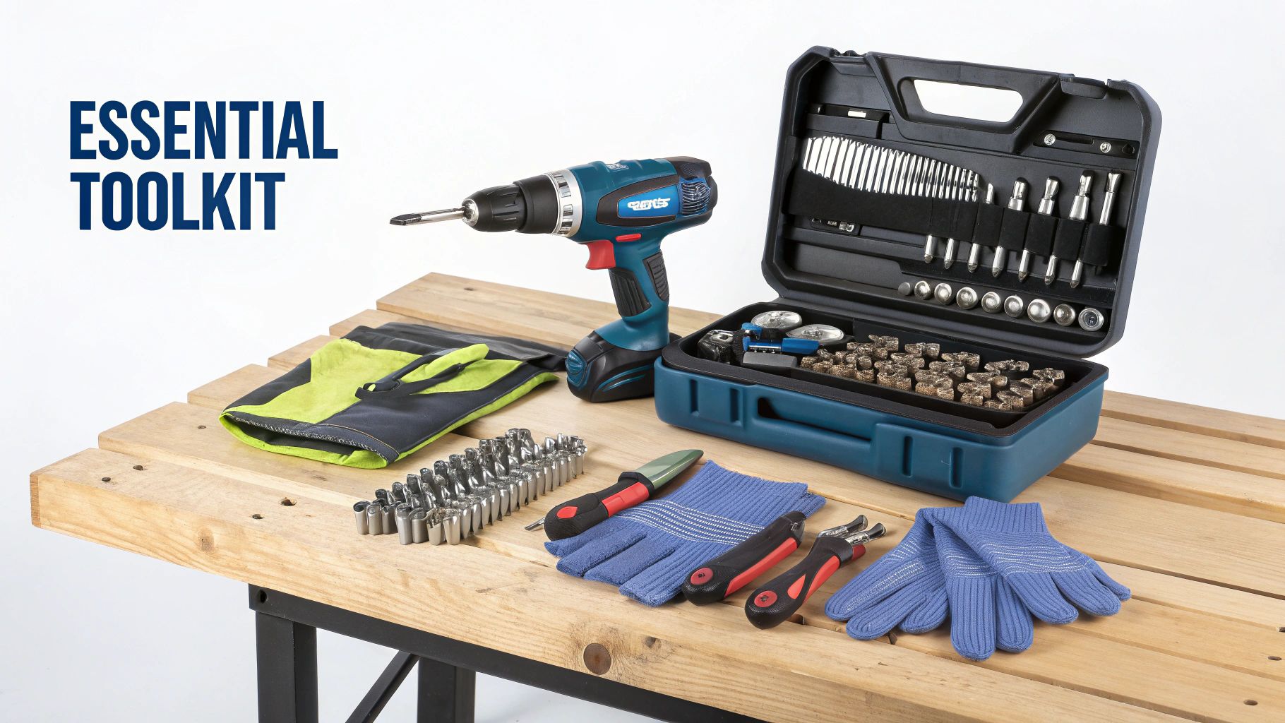 An essential toolkit with a cordless drill, open toolbox of bits, work gloves, and hand tools on a wooden bench.