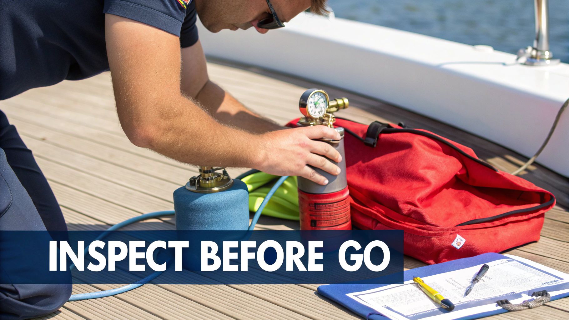 A person inspecting scuba diving gear on a boat deck, with "INSPECT BEFORE GO" text overlay.