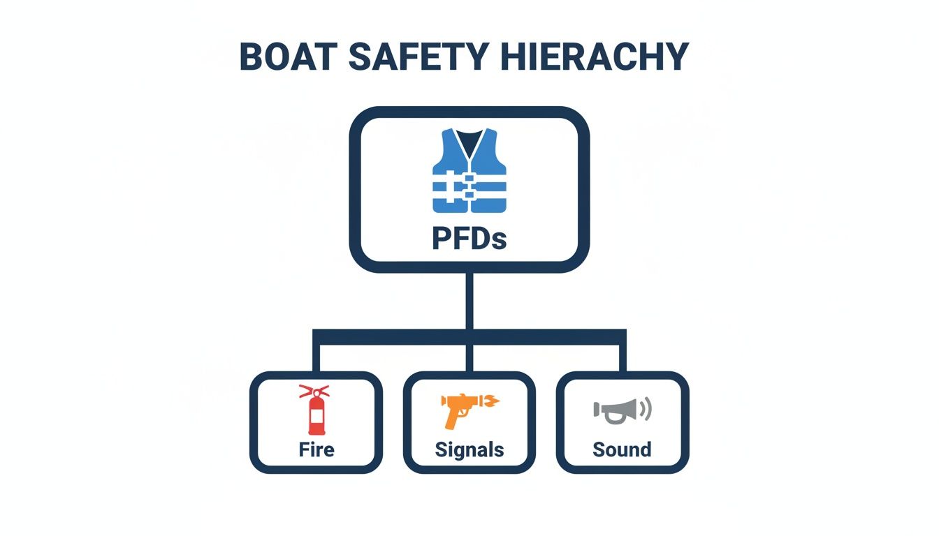 A boat safety hierarchy infographic showing PFDs at the top, with fire, signals, and sound below.