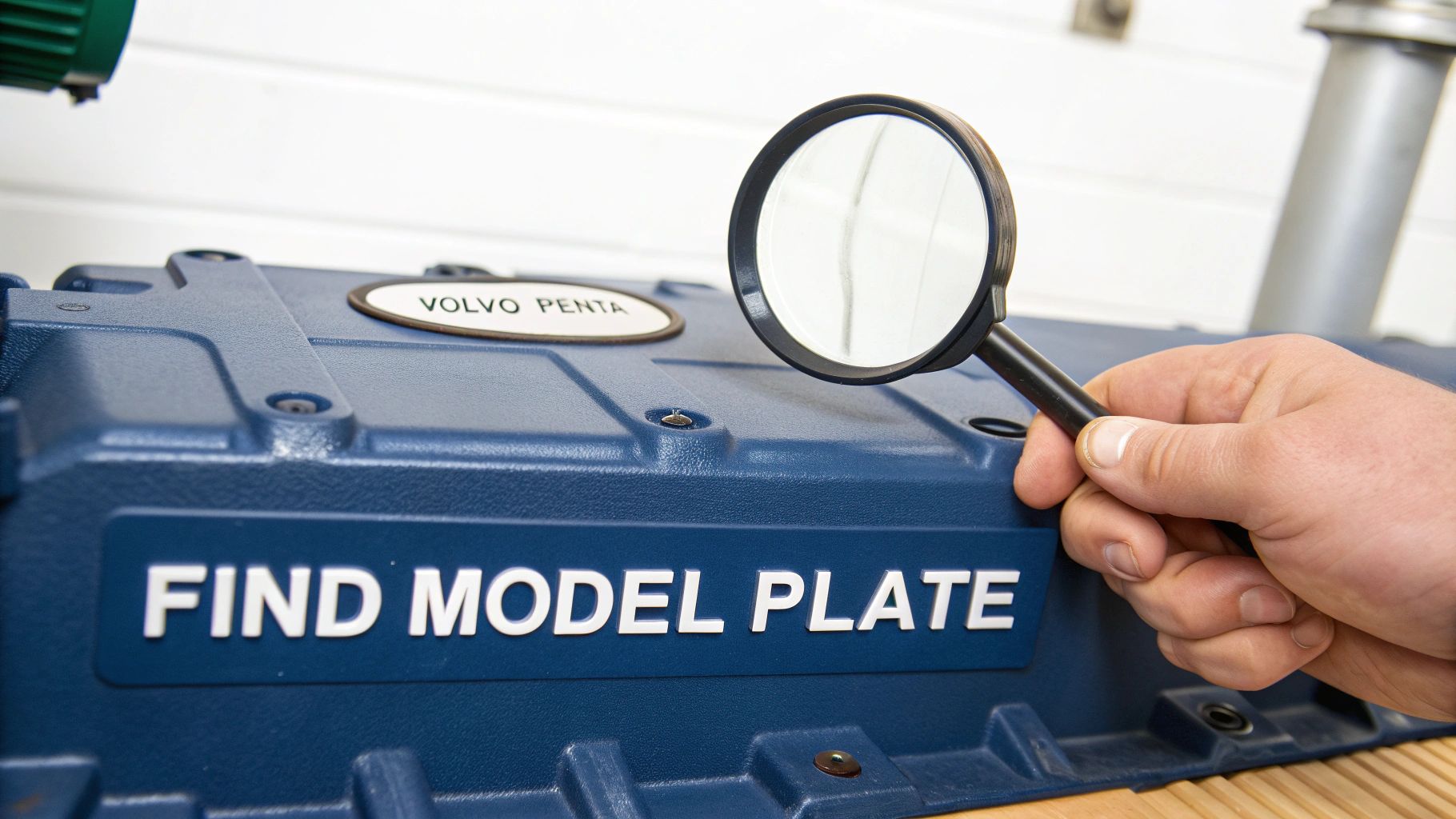 A hand holds a magnifying glass over a blue Volvo Penta engine part to find the model plate.