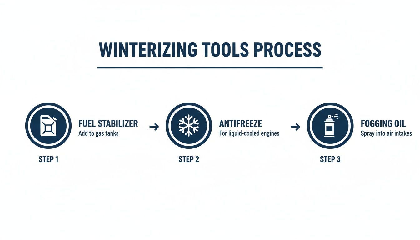 Eine dreistufige Infografik, die den Prozess der Winterfestmachung von Motoren mit Kraftstoffstabilisator, Frostschutzmittel und Konservierungsöl darstellt.
