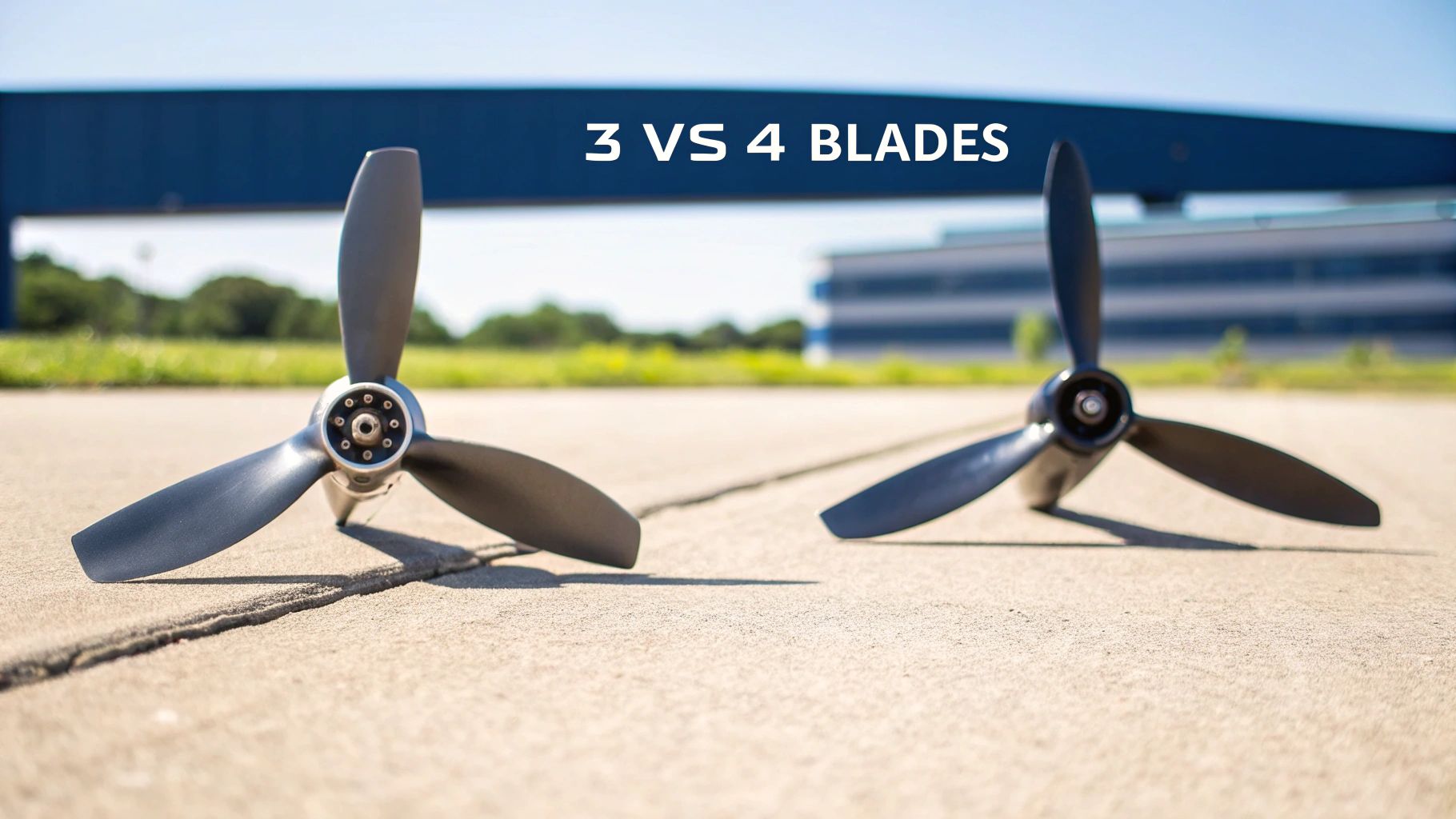 Two boat propellers, one with three blades and one with four blades, on a concrete surface.