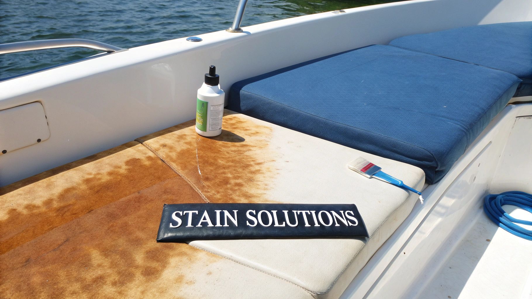 Reinigung eines stark verschmutzten Bootskissens mit einem 'Stain Solutions'-Produkt und einer Bürste.