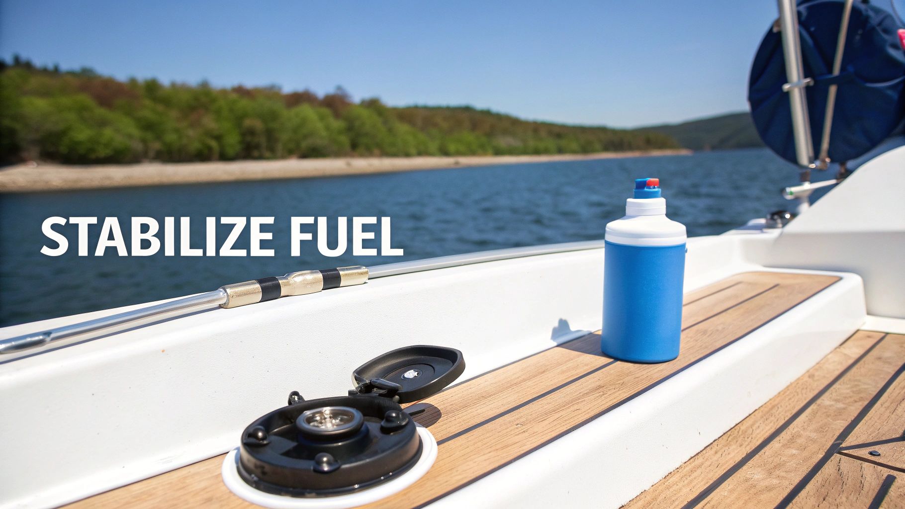 Eine Flasche Kraftstoffstabilisator und ein offener Verschluss auf einem Bootsdeck, mit malerischer Seenlandschaft im Hintergrund und dem Text 'STABILIZE FUEL'.