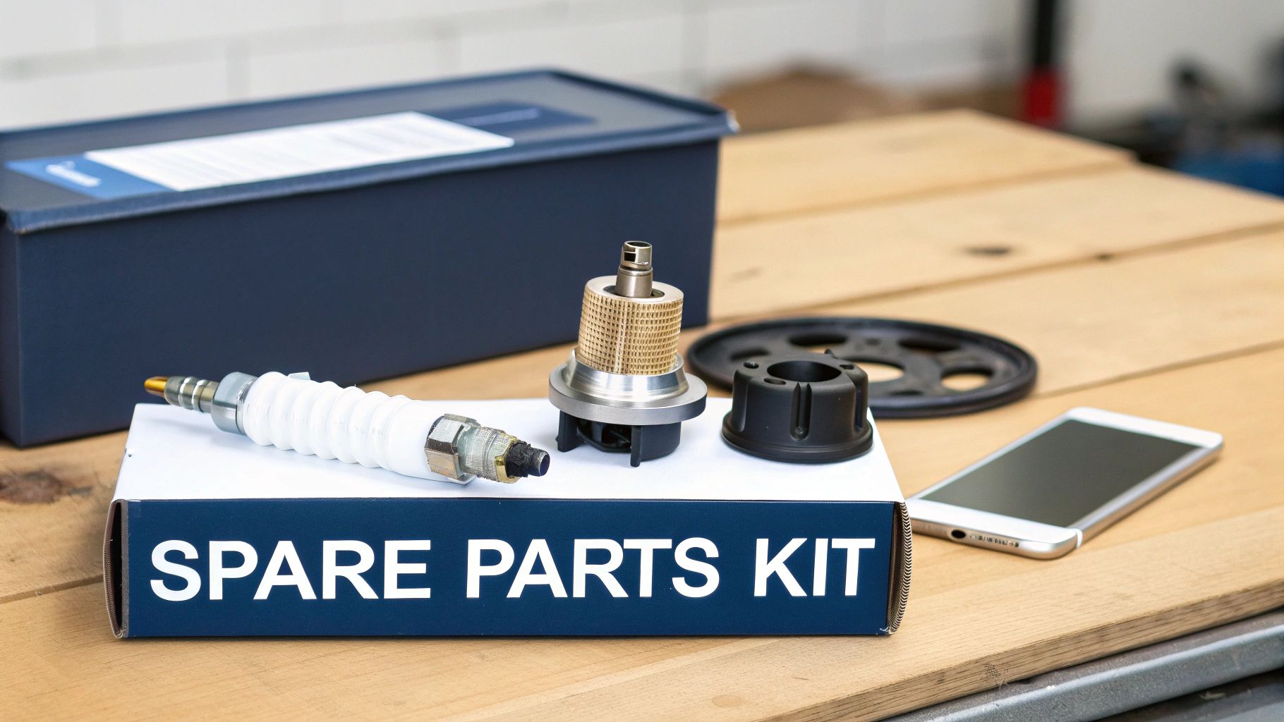 A white 'SPARE PARTS KIT' box holds a spark plug and various car components on a wooden table, with a blue box and a smartphone nearby.