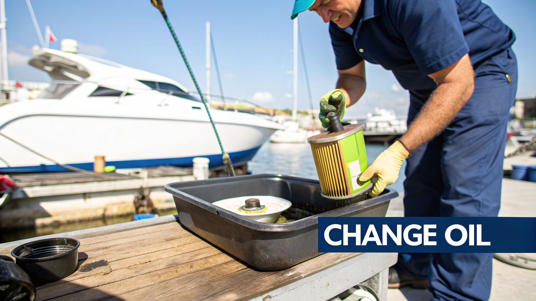 Ein Mann mit Arbeitshandschuhen wechselt einen Ölfilter an einem weißen Boot, das in einem sonnigen Yachthafen liegt.