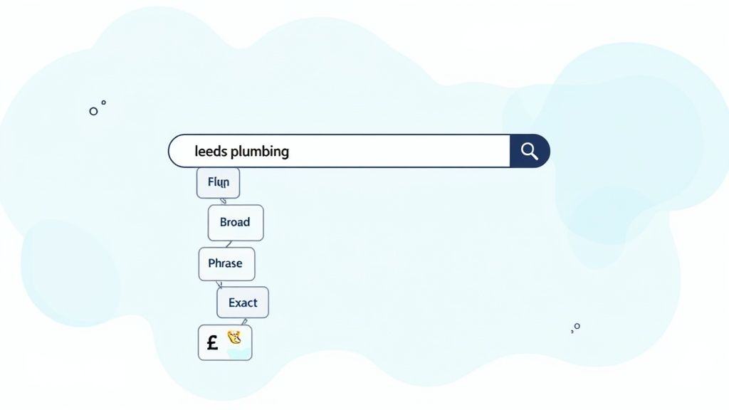 A search bar showing 'leeds plumbing' with a flowchart of keyword match types: Flyn, Broad, Phrase, Exact, leading to a cost symbol.