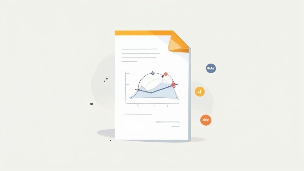 Business report document with data visualization chart and analytics icons for tracking performance metrics